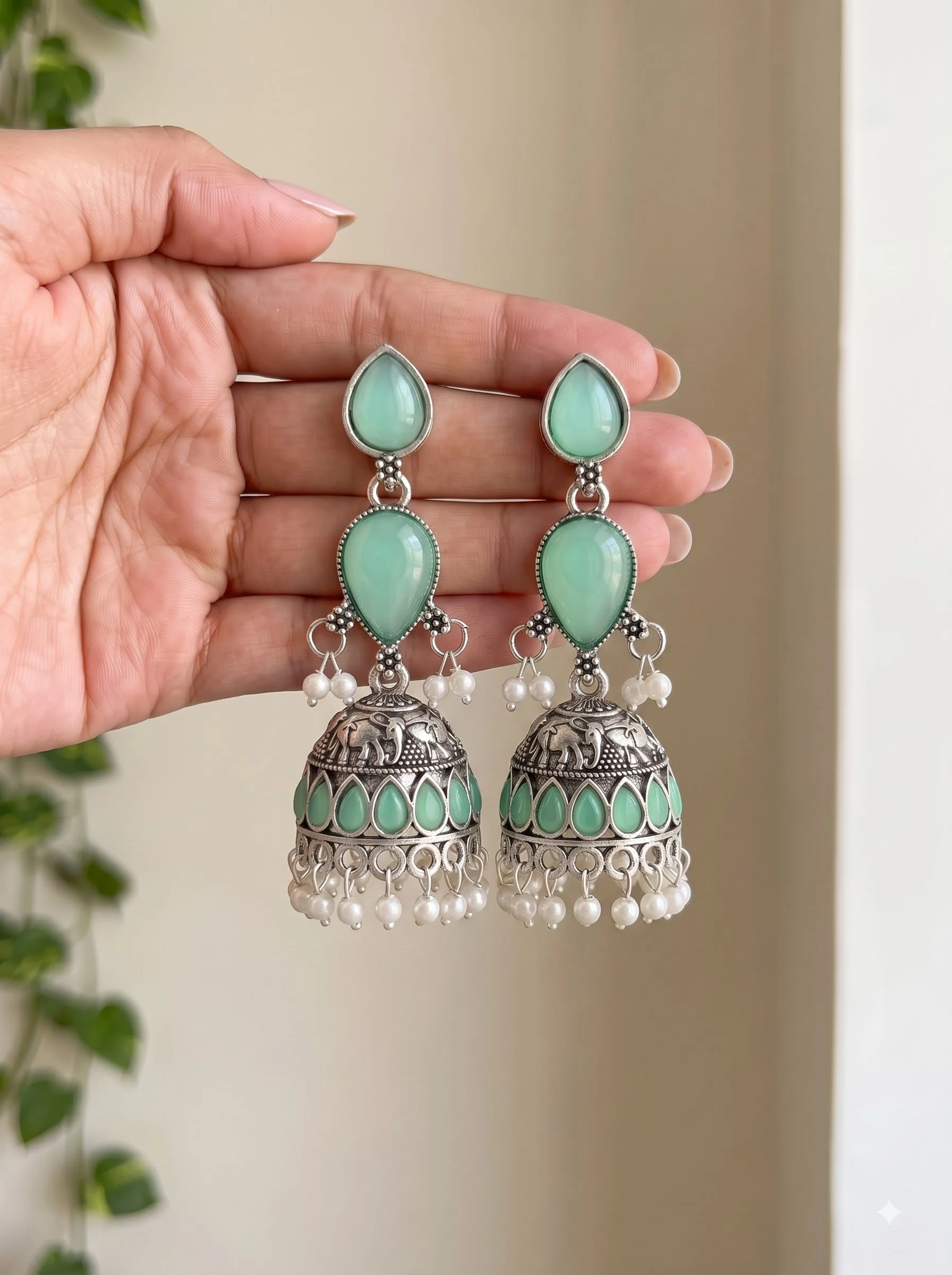 Mint Grace Jhumka Earrings - Image 3