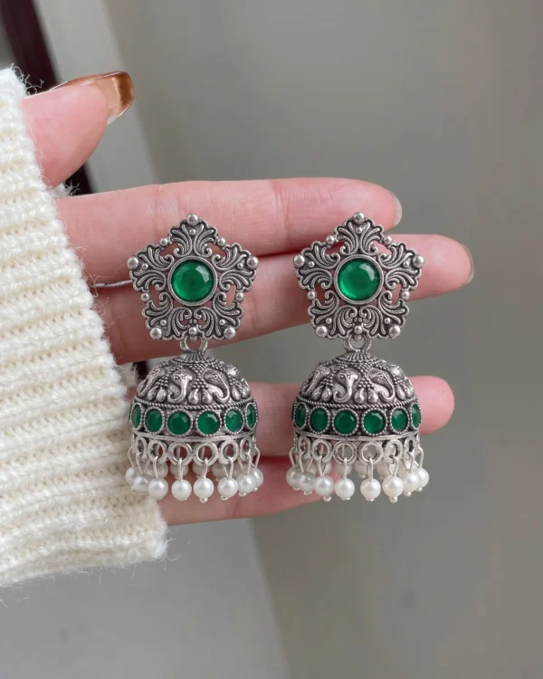 Emerald Riwaayat Oxidised Jhumka Earrings