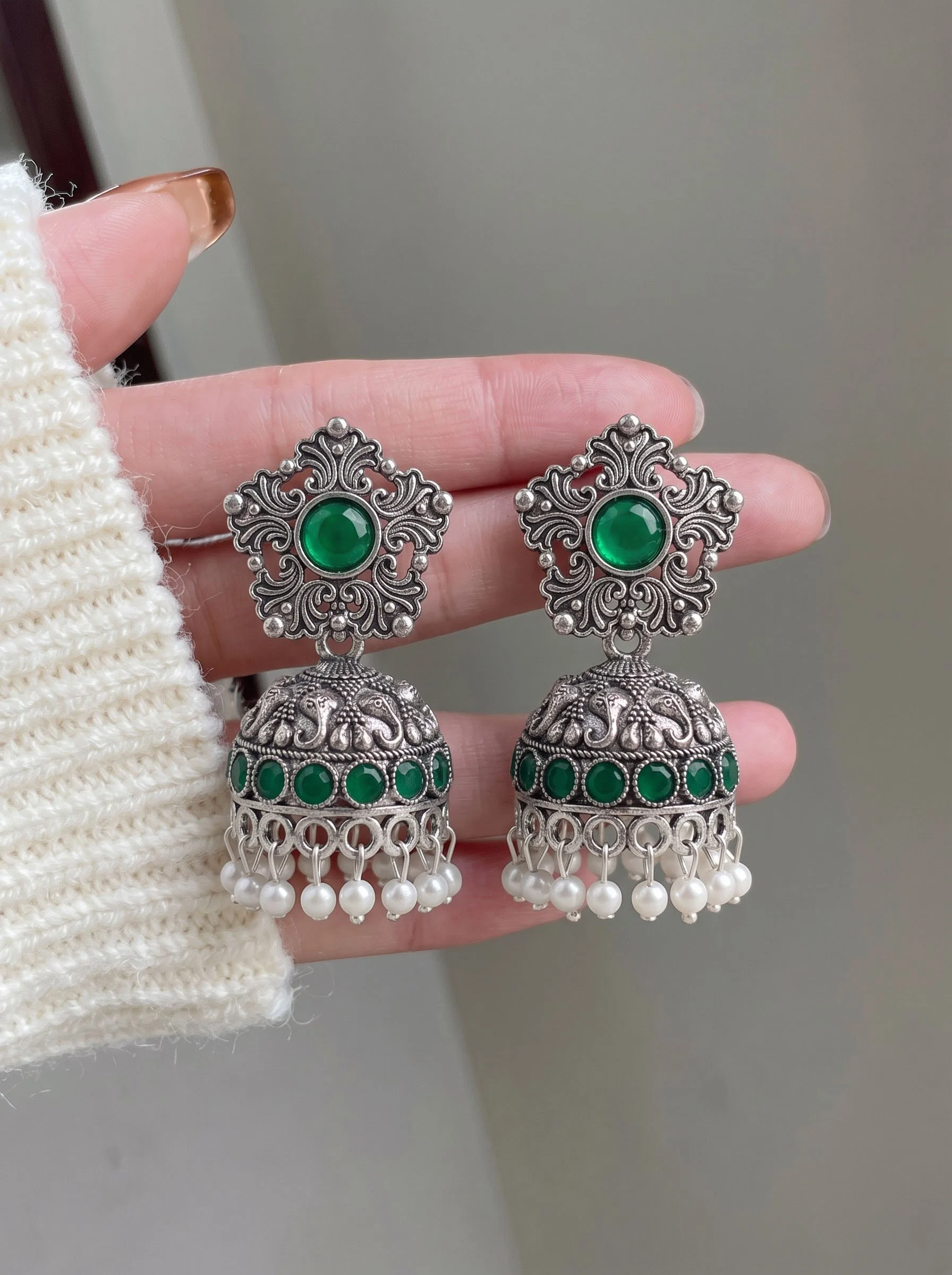 Emerald Riwaayat Oxidised Jhumka Earrings