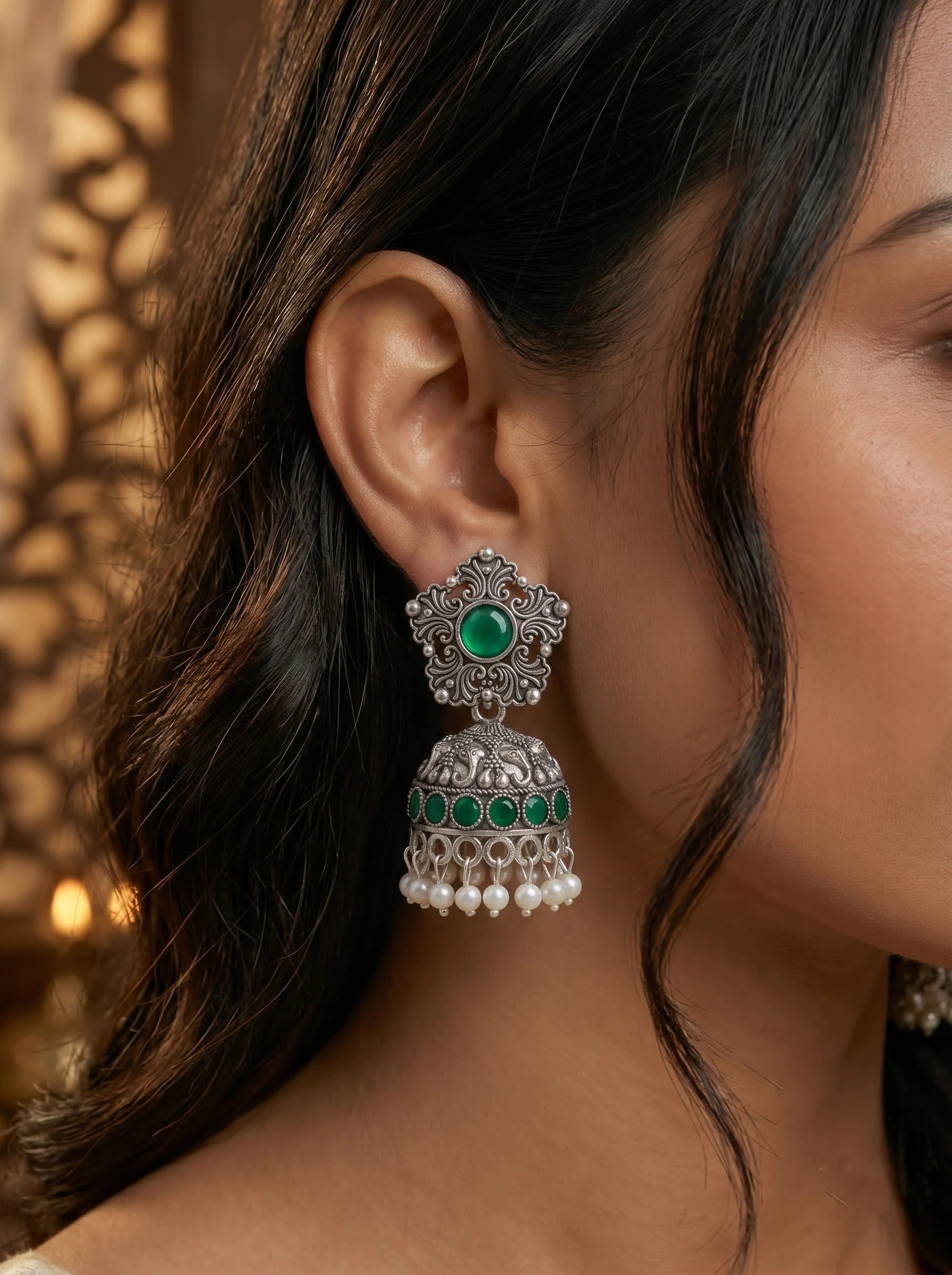 Emerald Riwaayat Oxidised Jhumka Earrings - Image 4