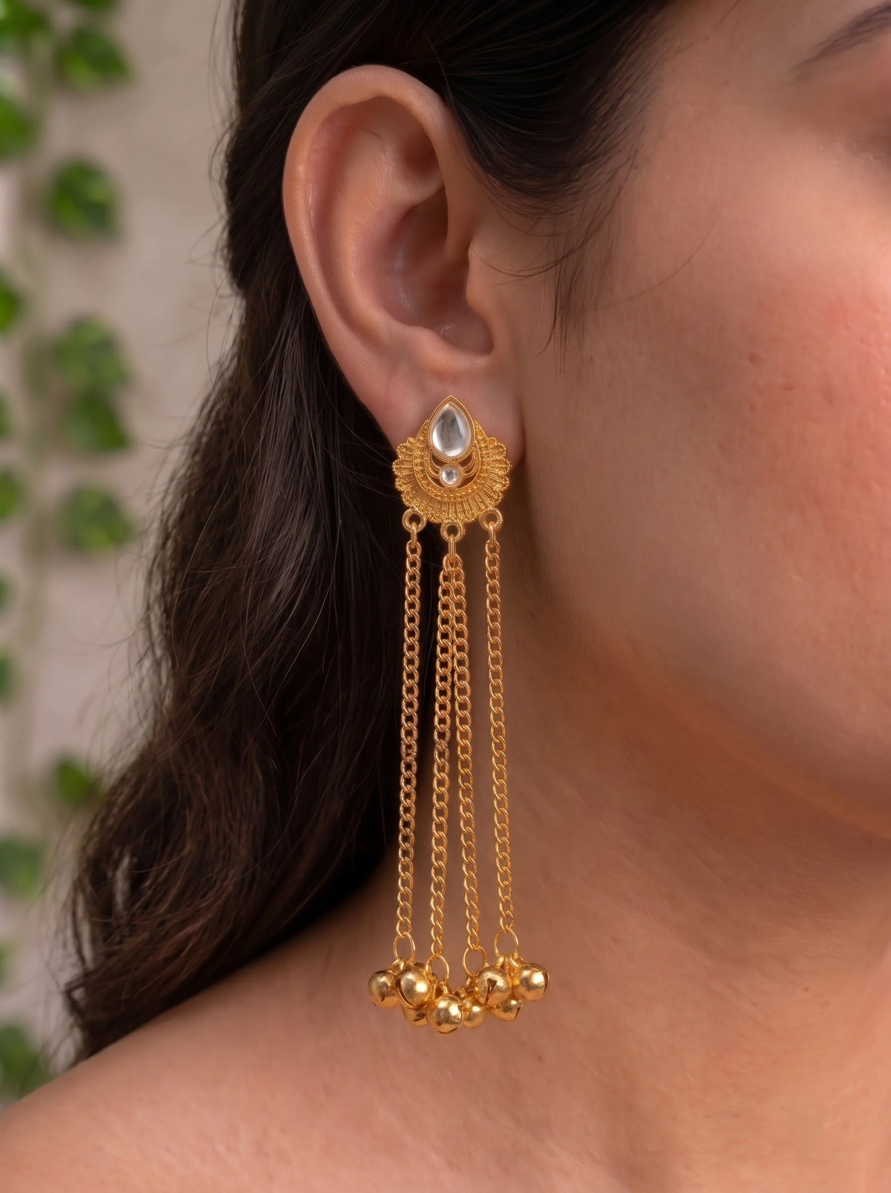 White Stone Ghungroo Chain Earrings - Image 3