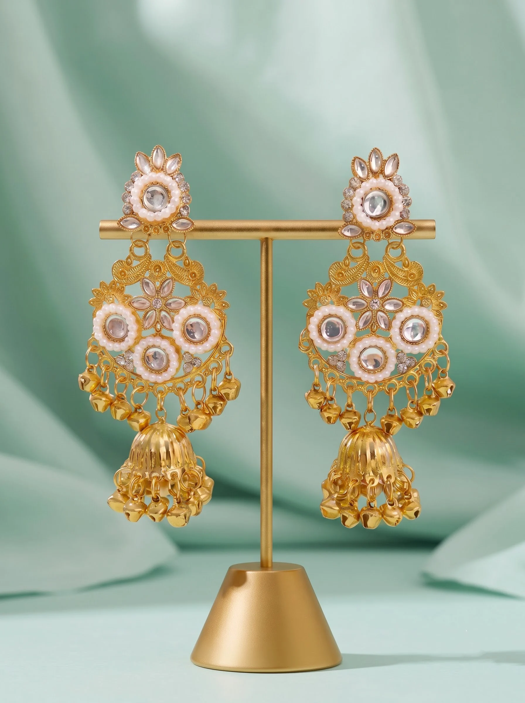 Pearl Kundan Jhumka Earrings - Image 2