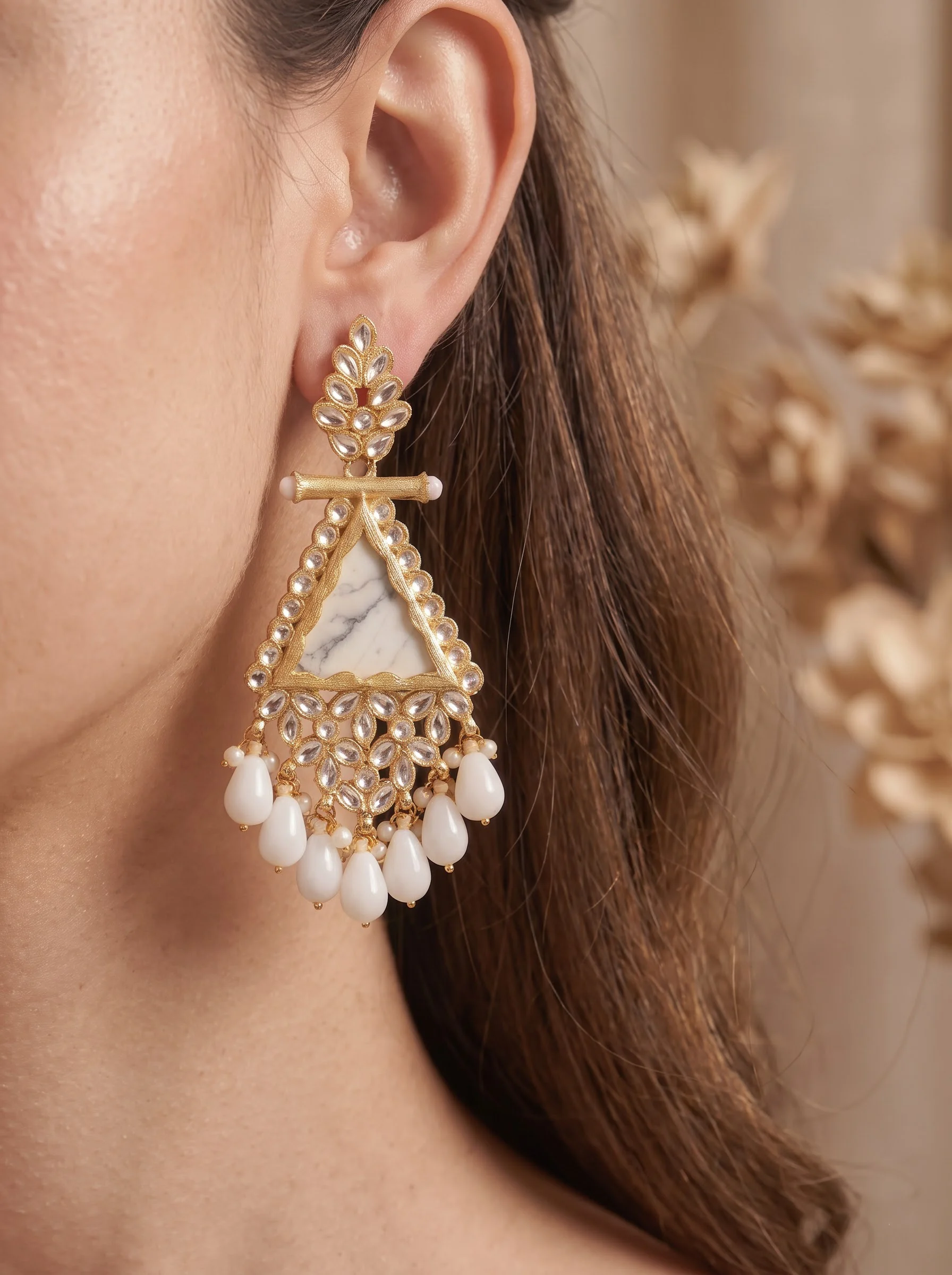 White Pearl Triangle Earrings - Image 2