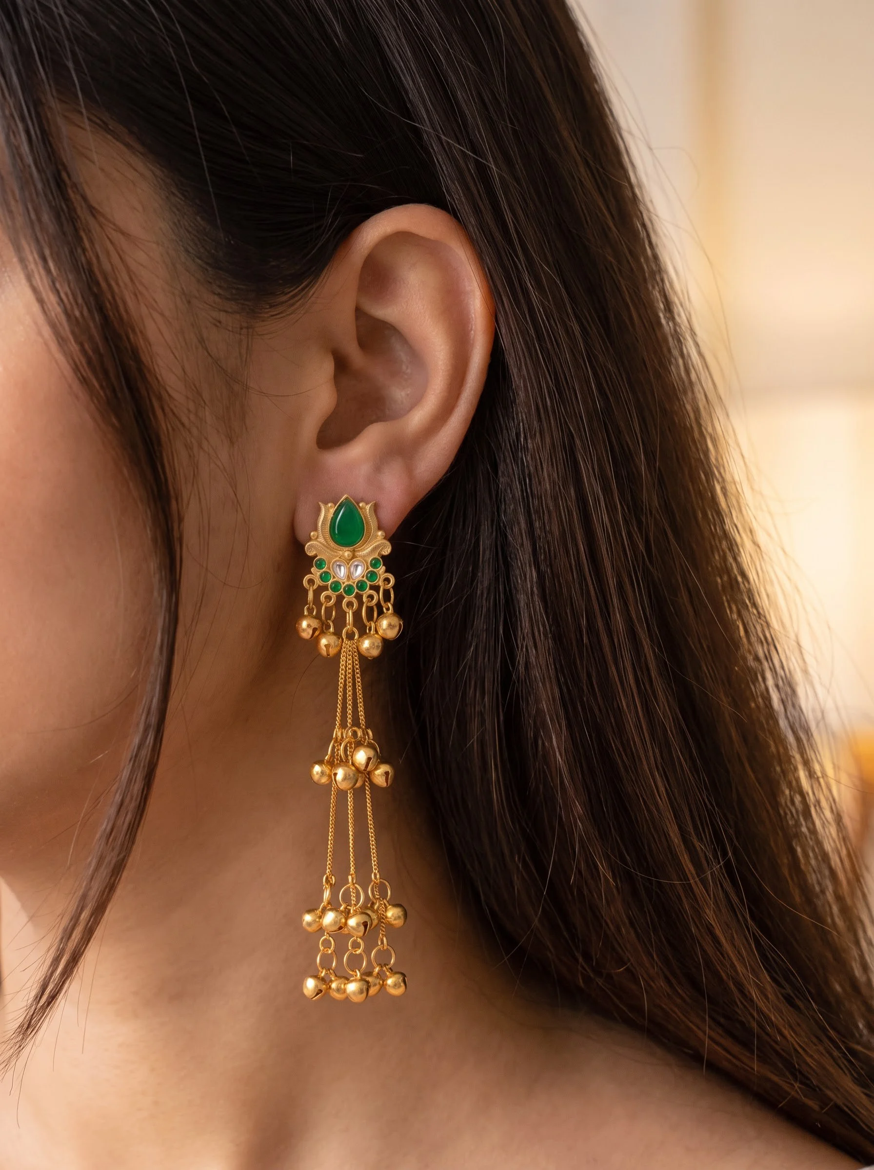 Green Gold Tone Tassel Earrings - Image 5