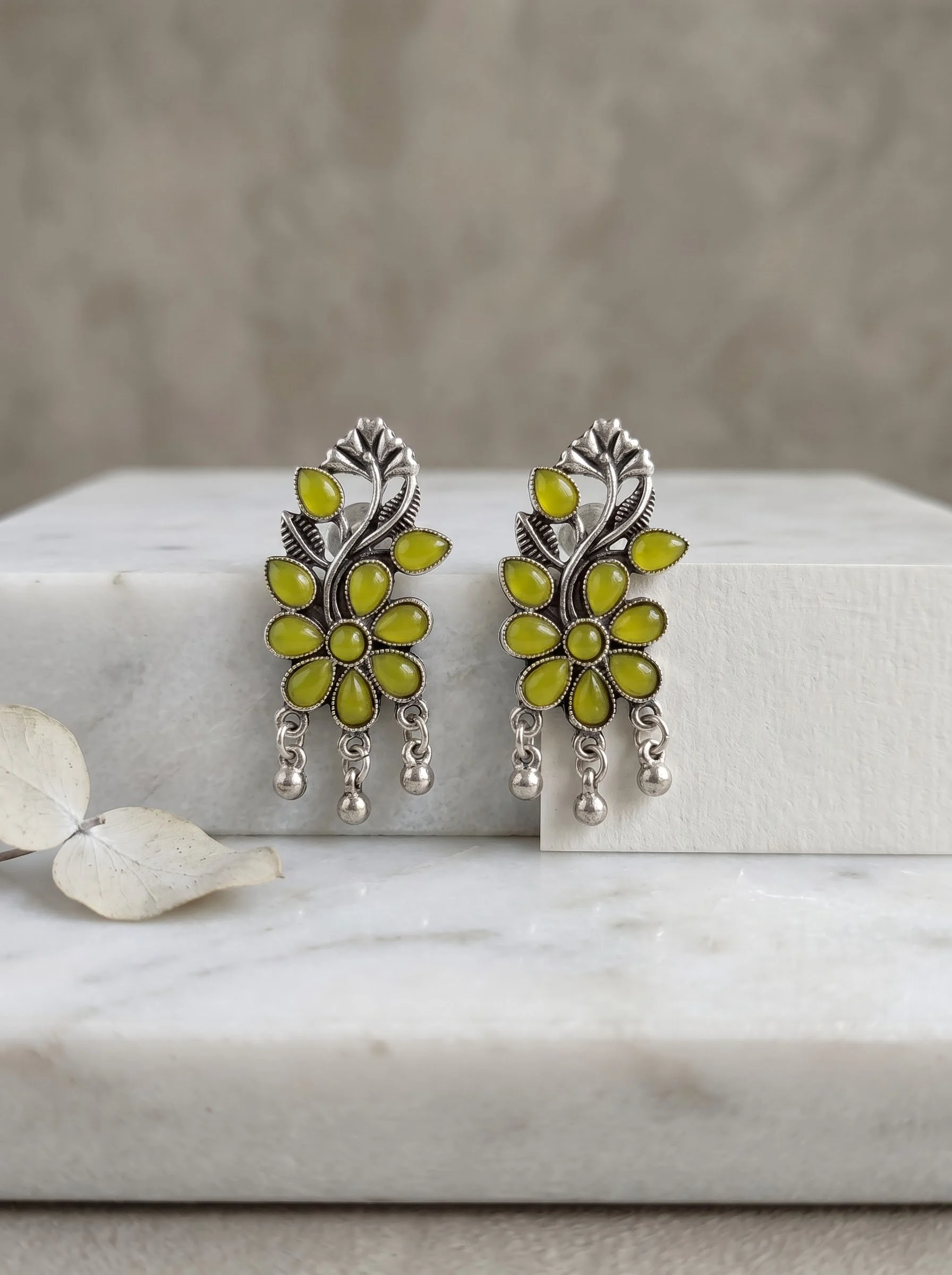 Yellow Floral Oxidised Drop Earrings - Image 4