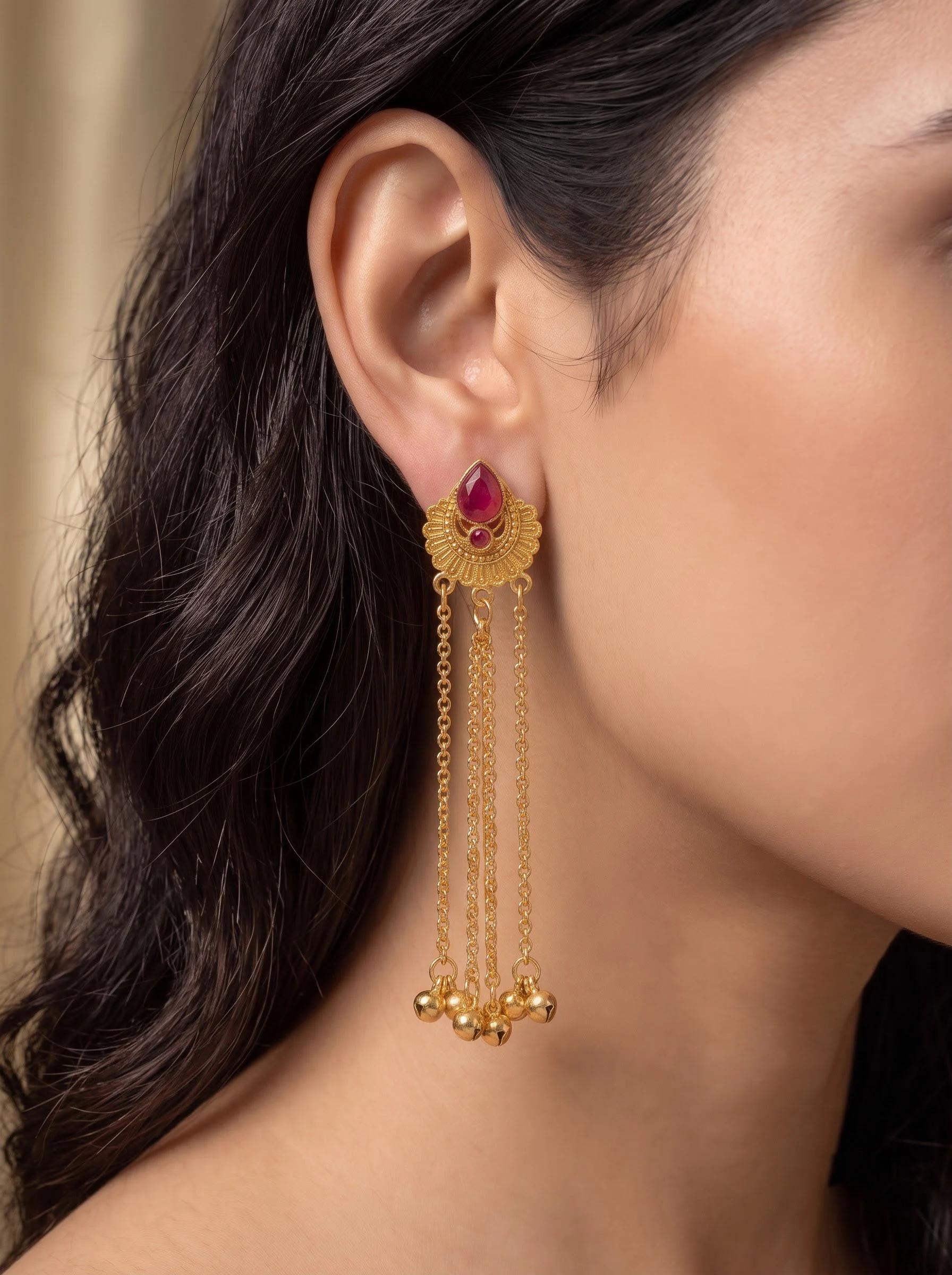 Pink Ghungroo Chain Drop Earrings - Image 5
