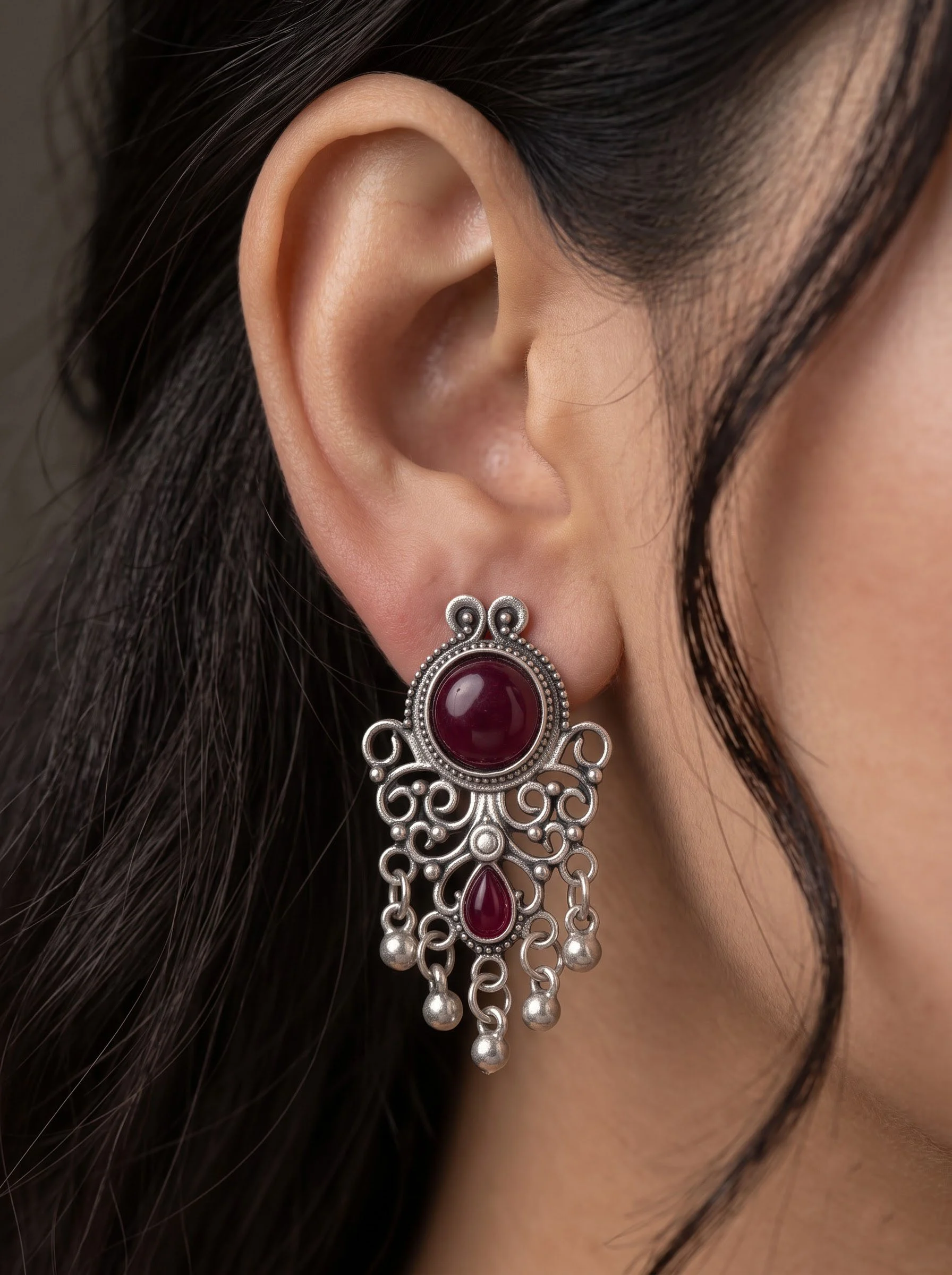 Purple Stone Oxidised Drop Earrings - Image 3