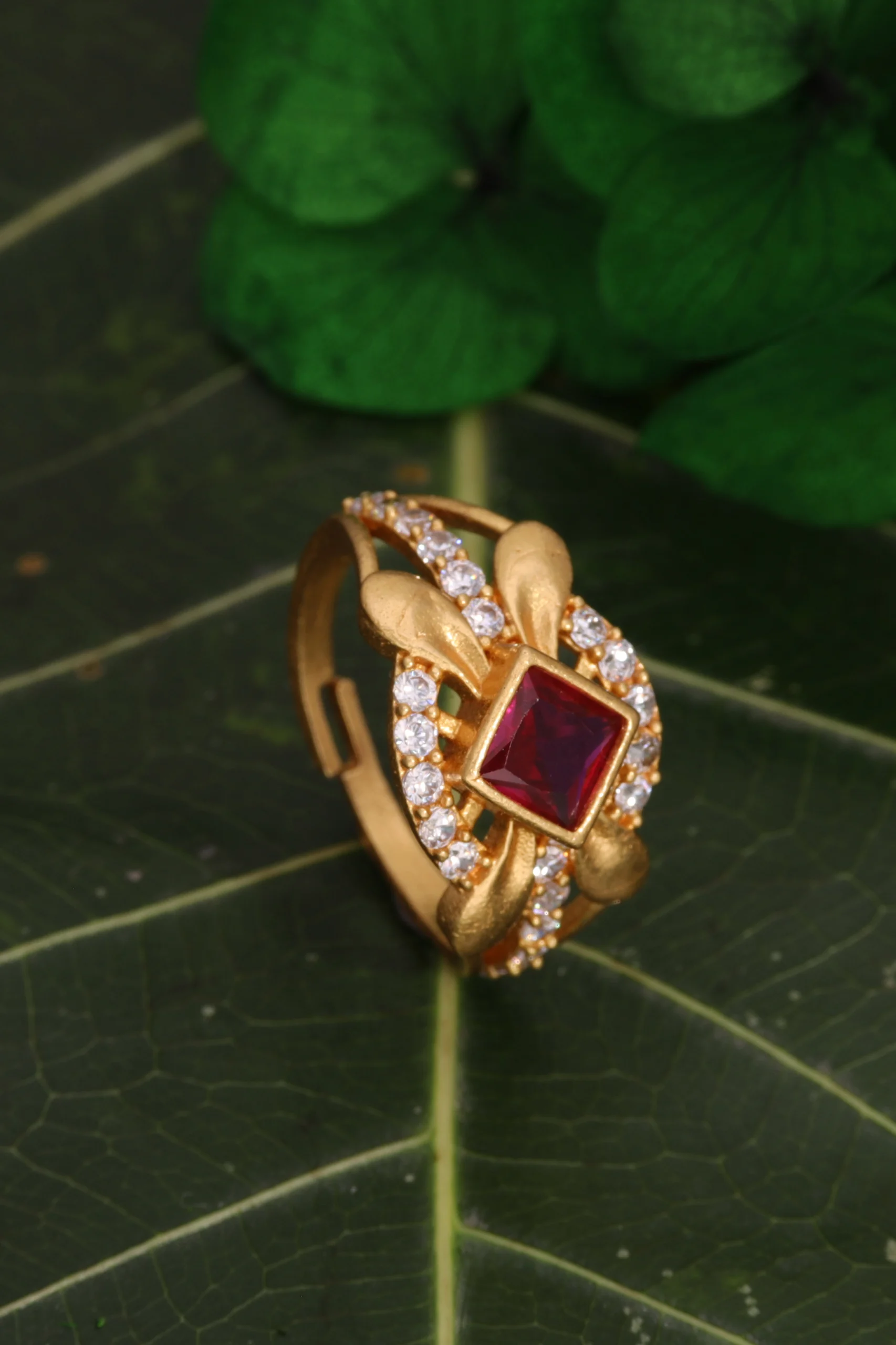 Ruby Leaf Halo Ring