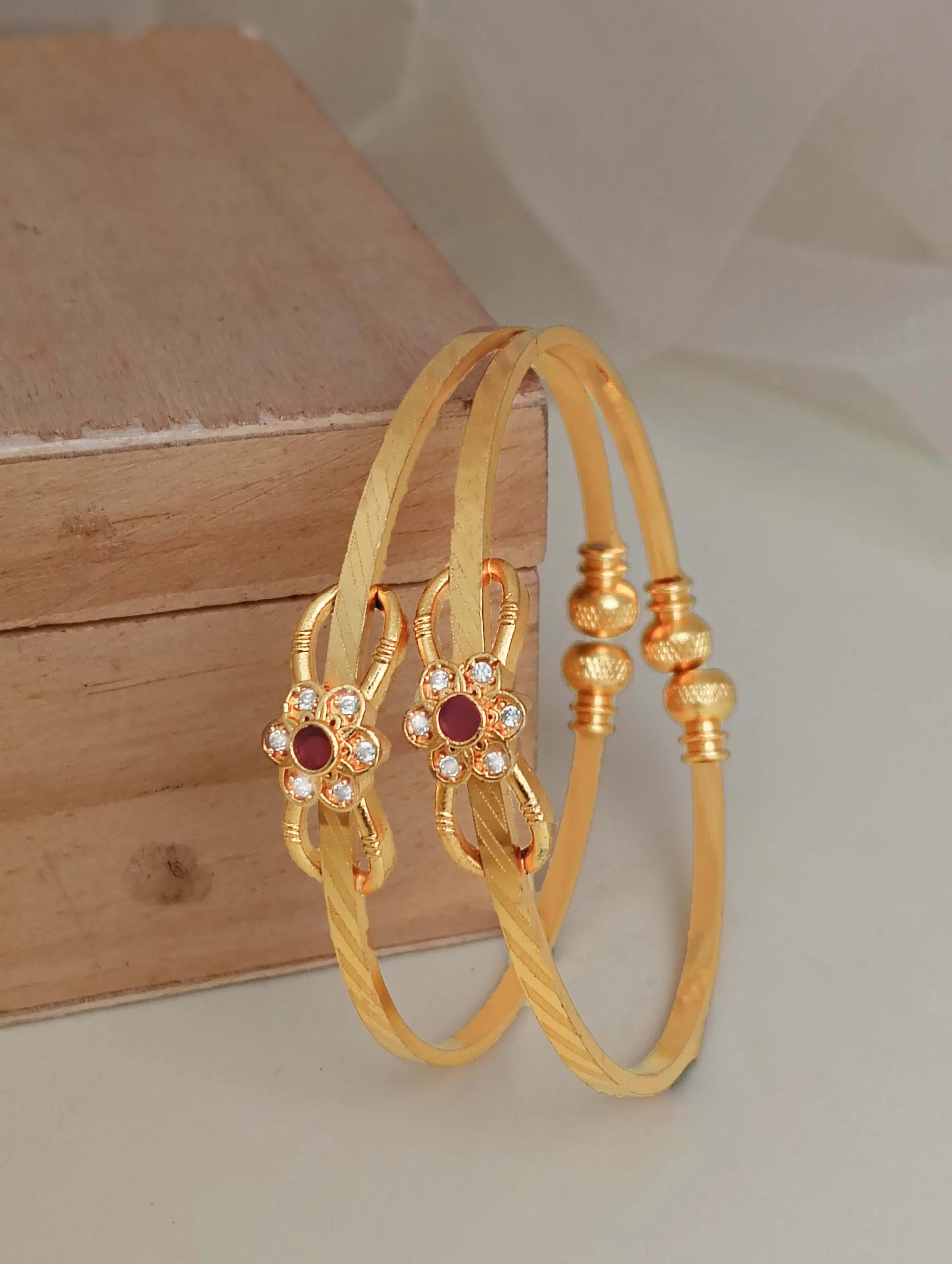 Golden Ruby Floral Charm Bangle Pair - Image 5