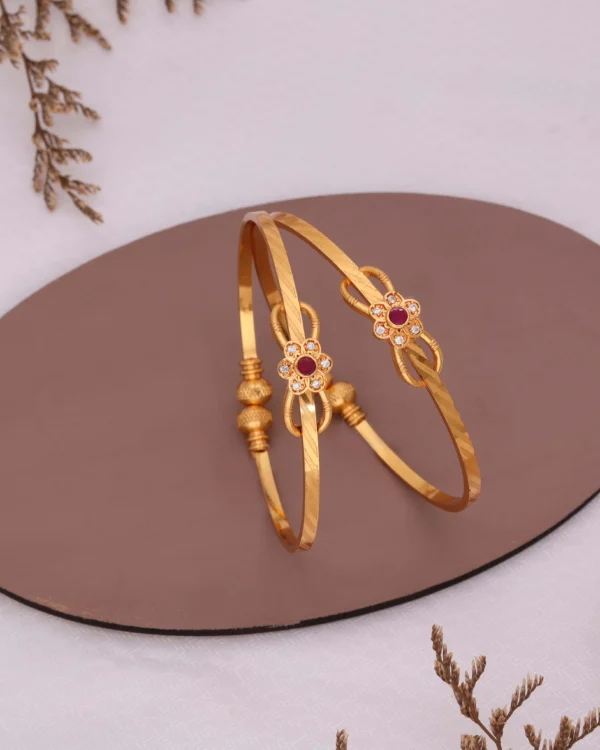 Golden Ruby Floral Charm Bangle Pair