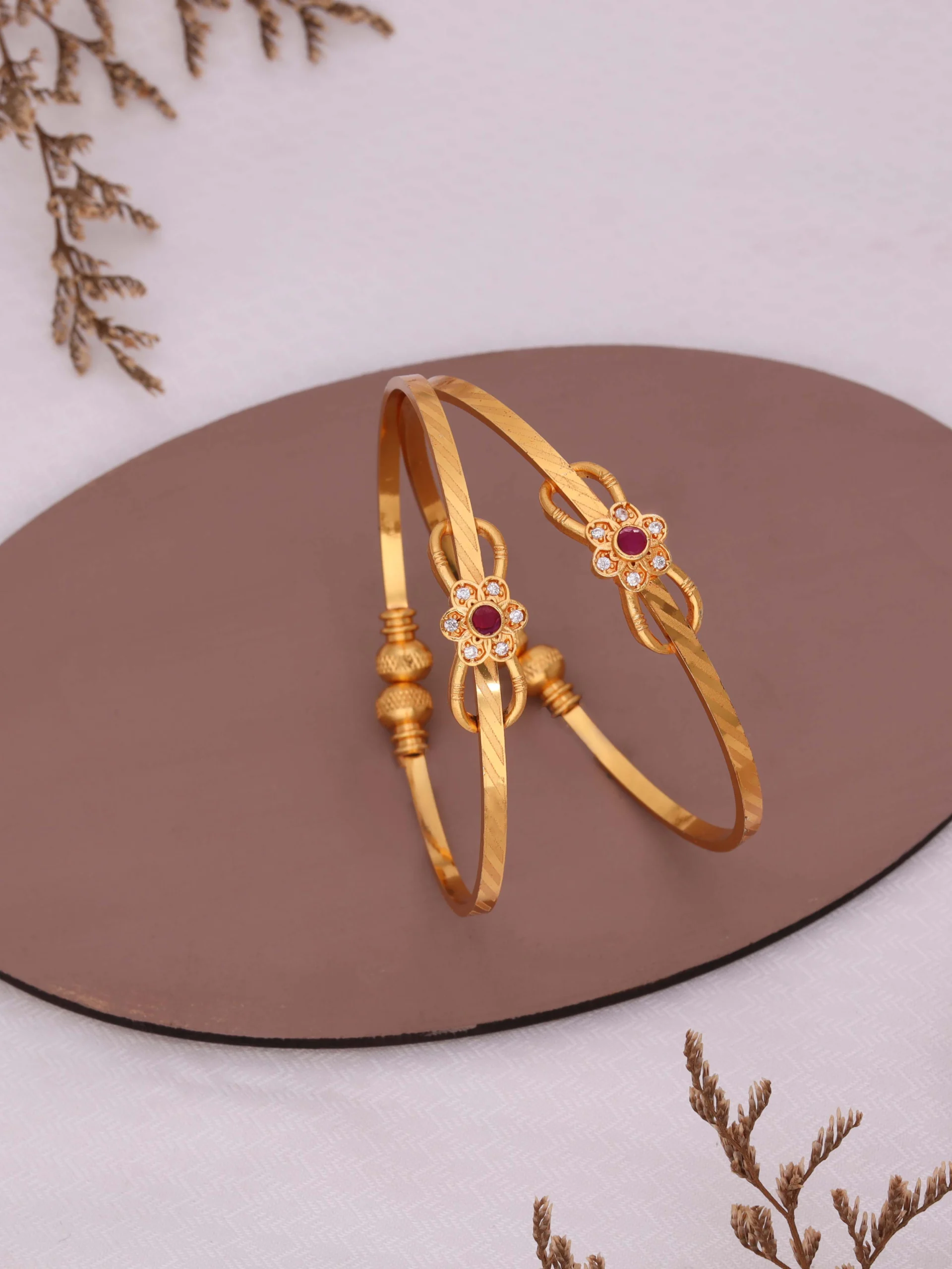 Golden Ruby Floral Charm Bangle Pair