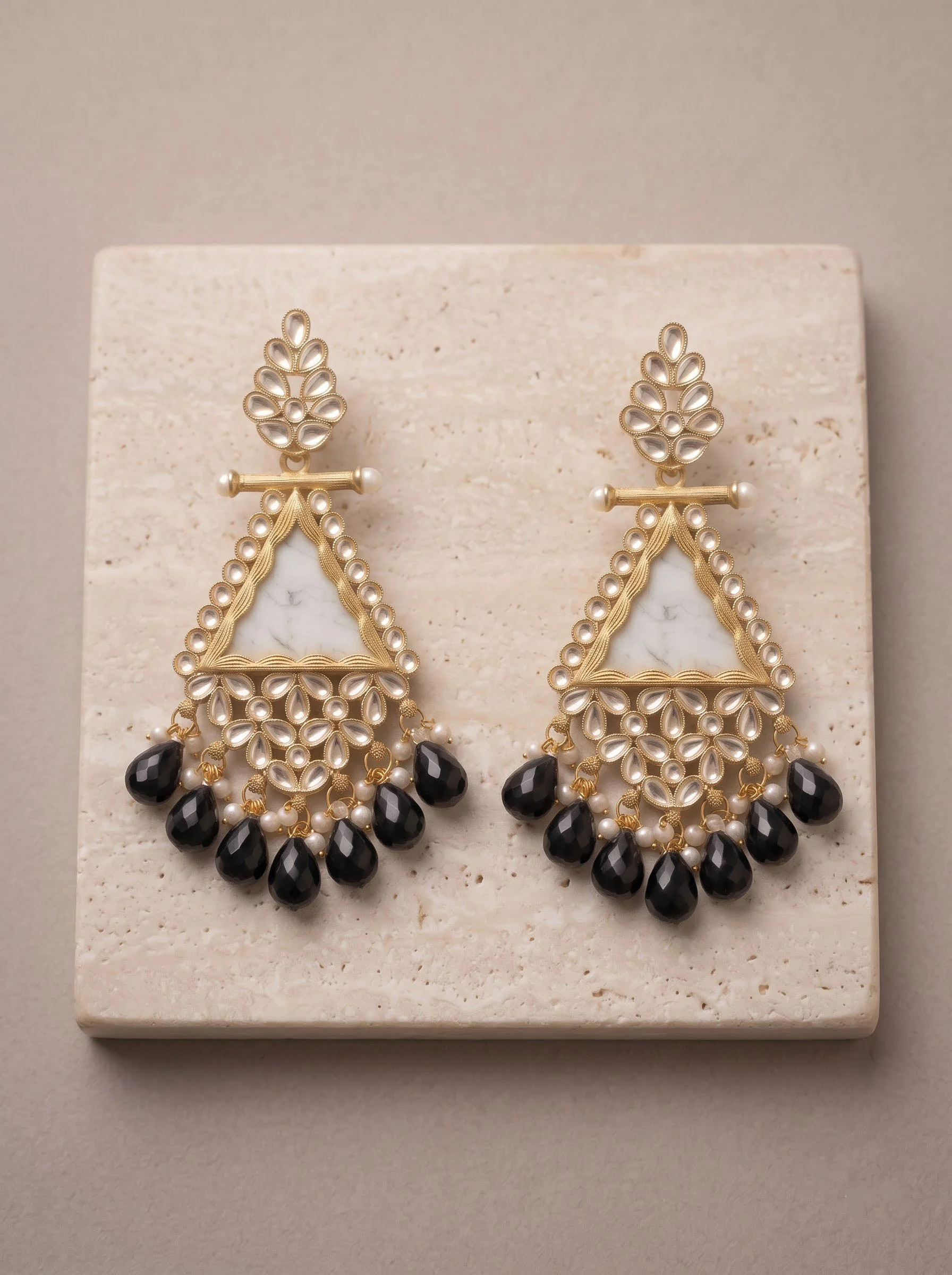 Black Beaded Kundan Drop Earrings - Image 2
