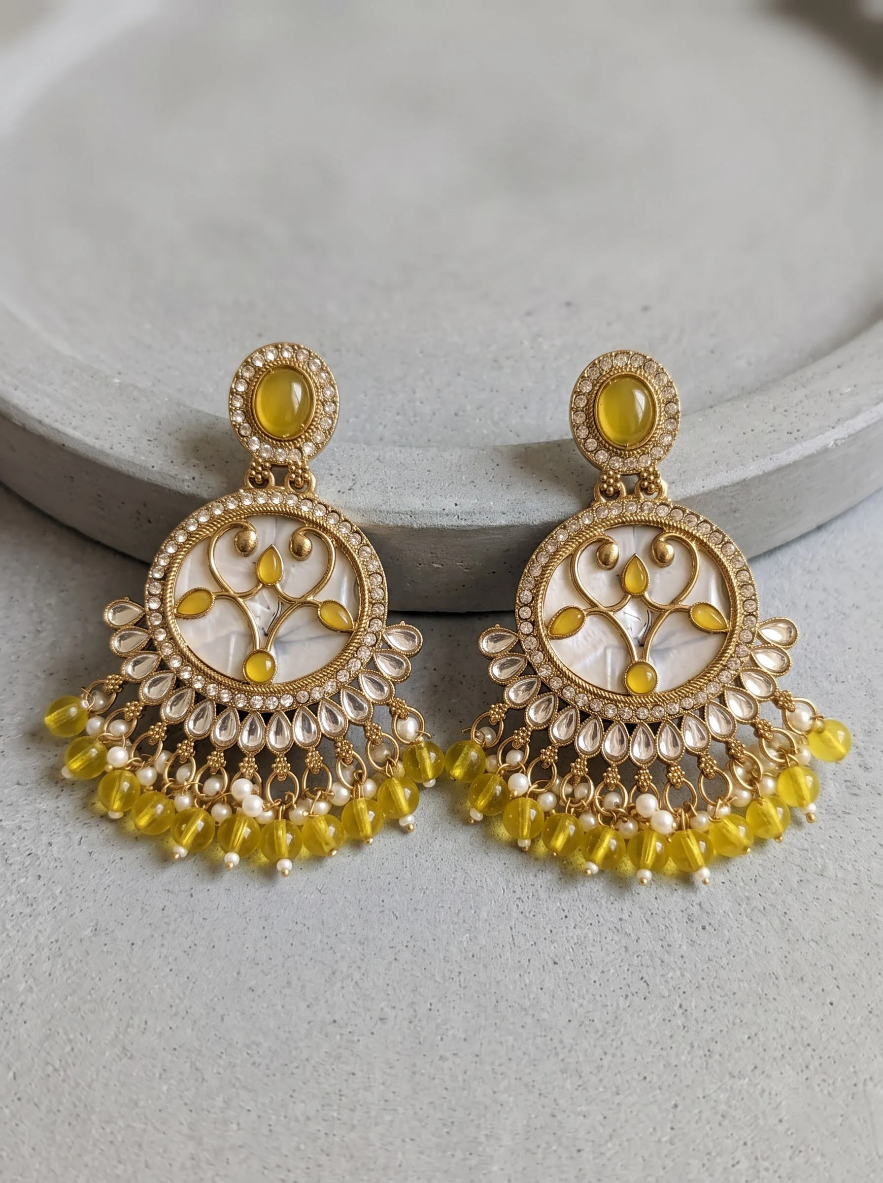 Yellow Stone Beaded Chandbali Earrings - Image 2