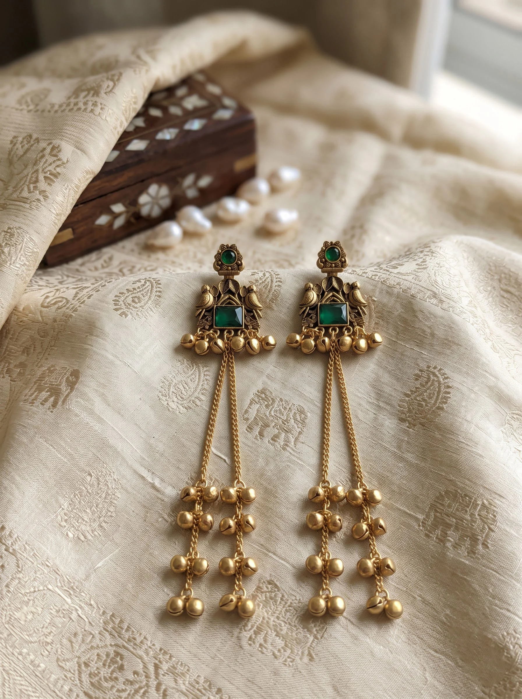 Green Stone Ghungroo Tassel Earrings - Image 2