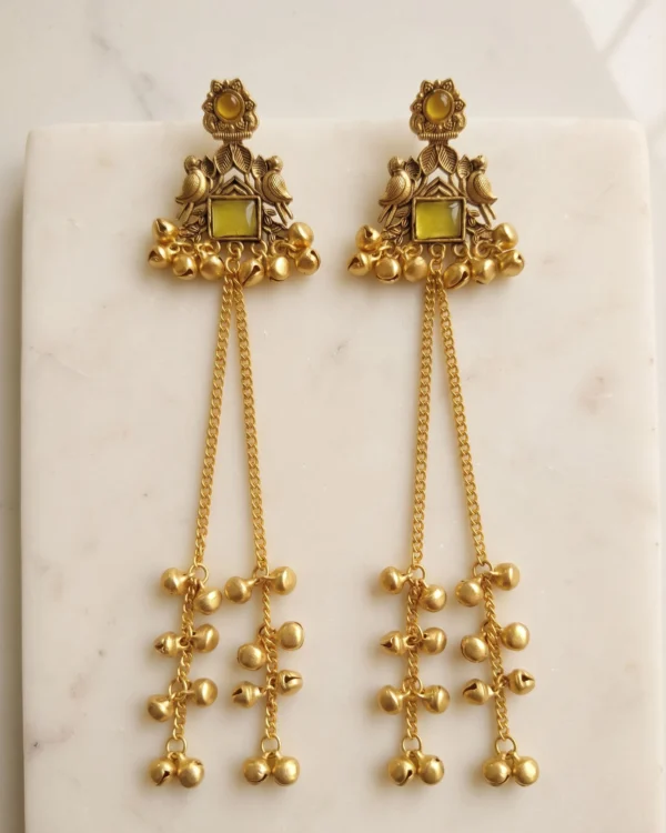 Olive Green Ghungroo Chain Earrings