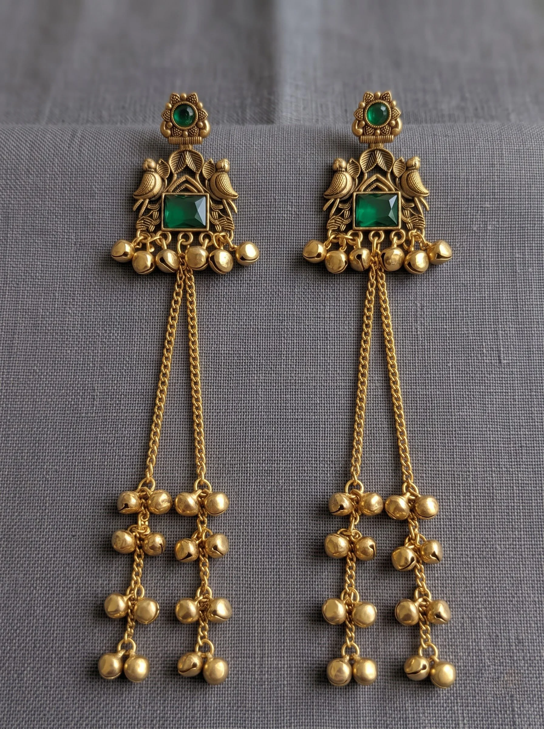 Green Stone Ghungroo Tassel Earrings - Image 3
