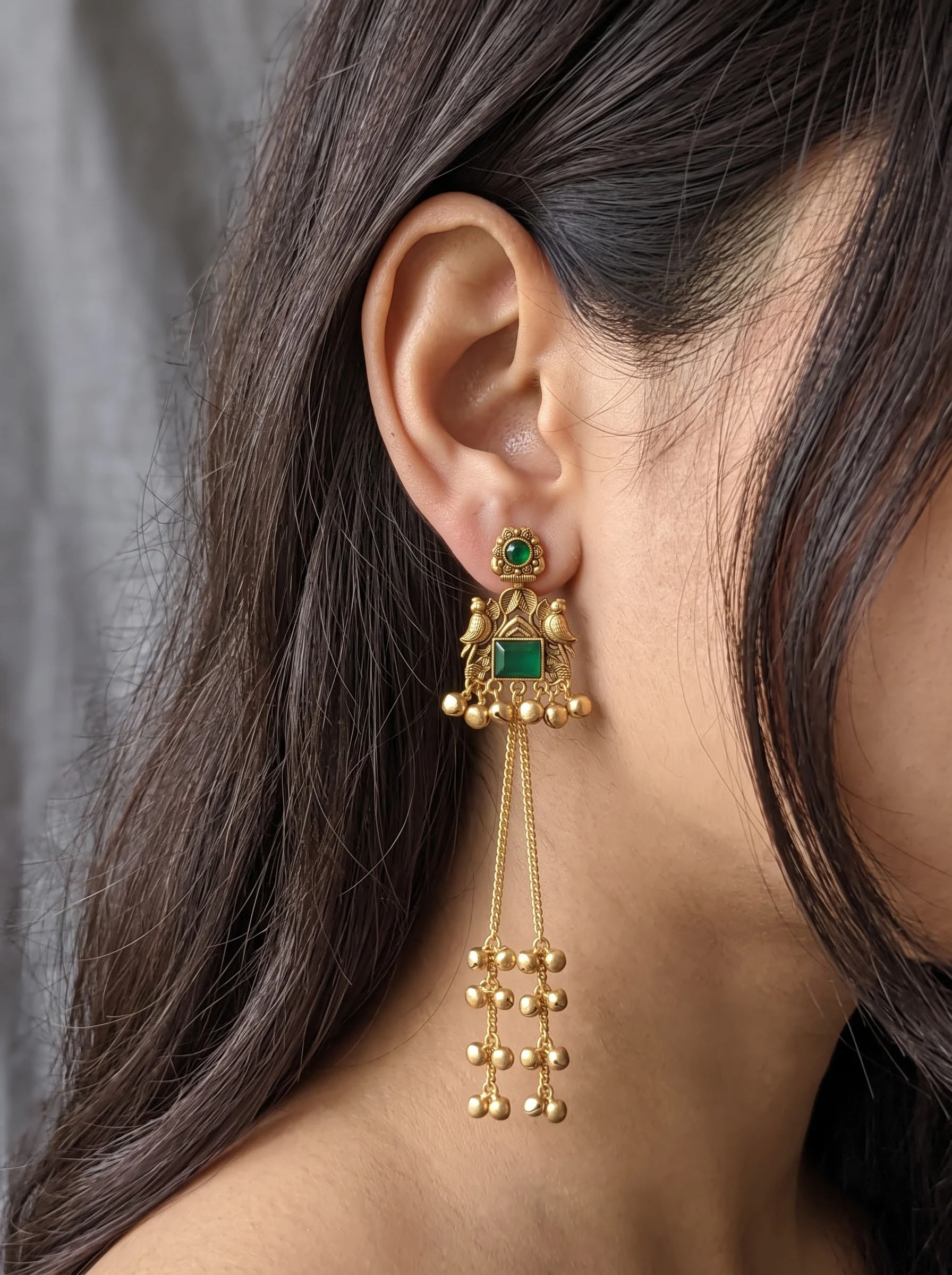 Green Stone Ghungroo Tassel Earrings - Image 4