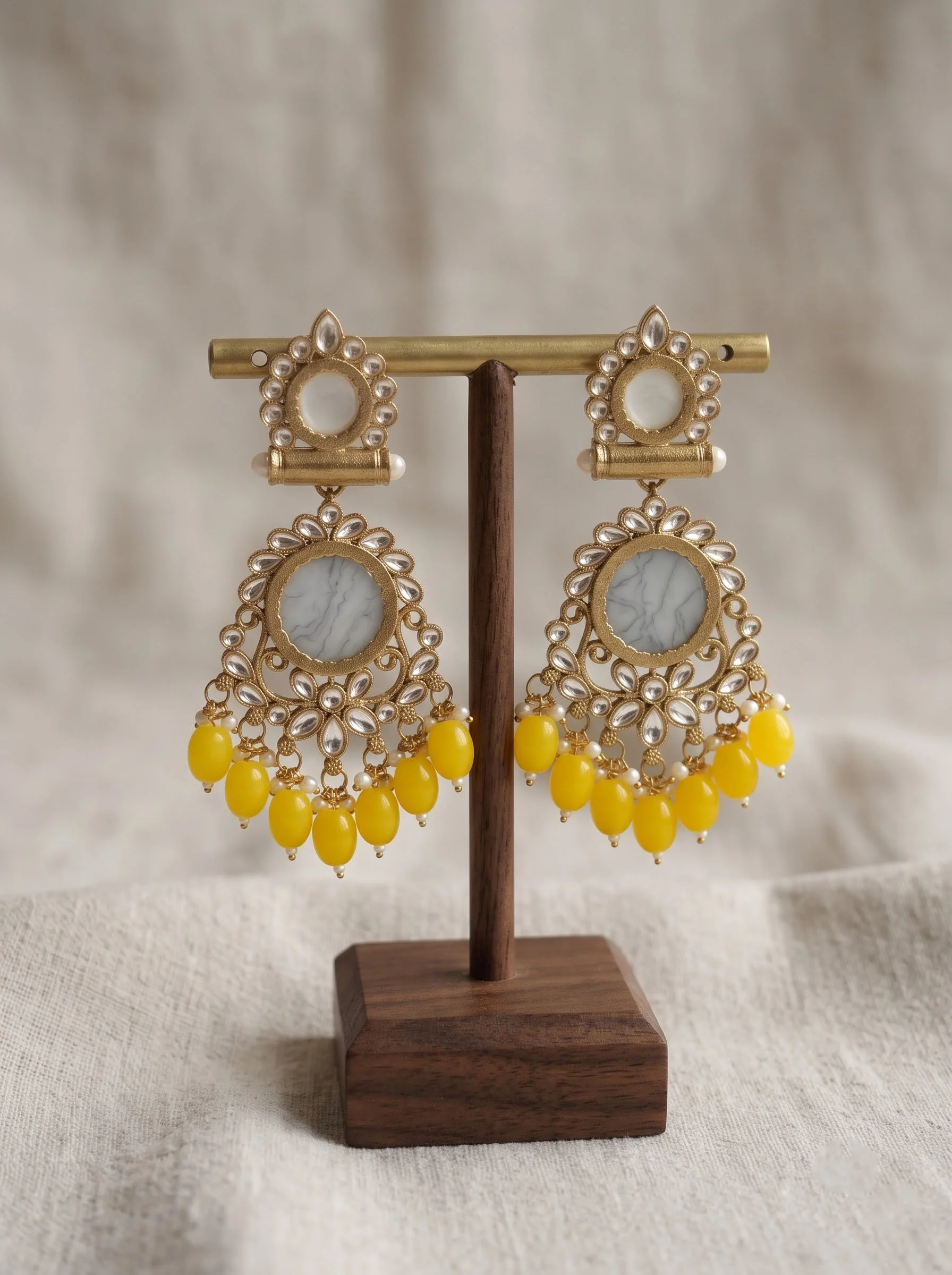 Yellow Beaded Kundan Drop Earrings - Image 4