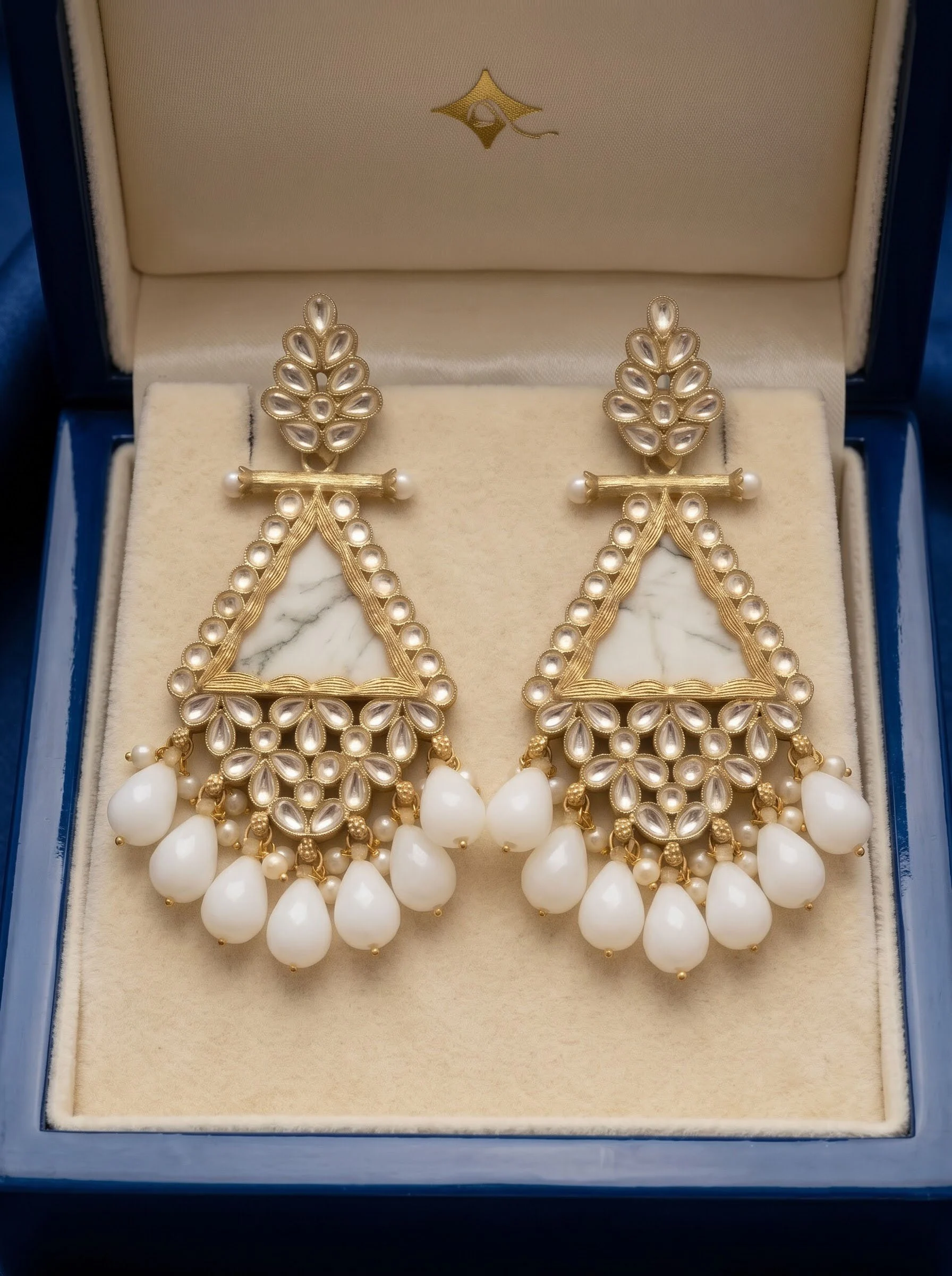 White Beaded Kundan Drop Earrings - Image 3