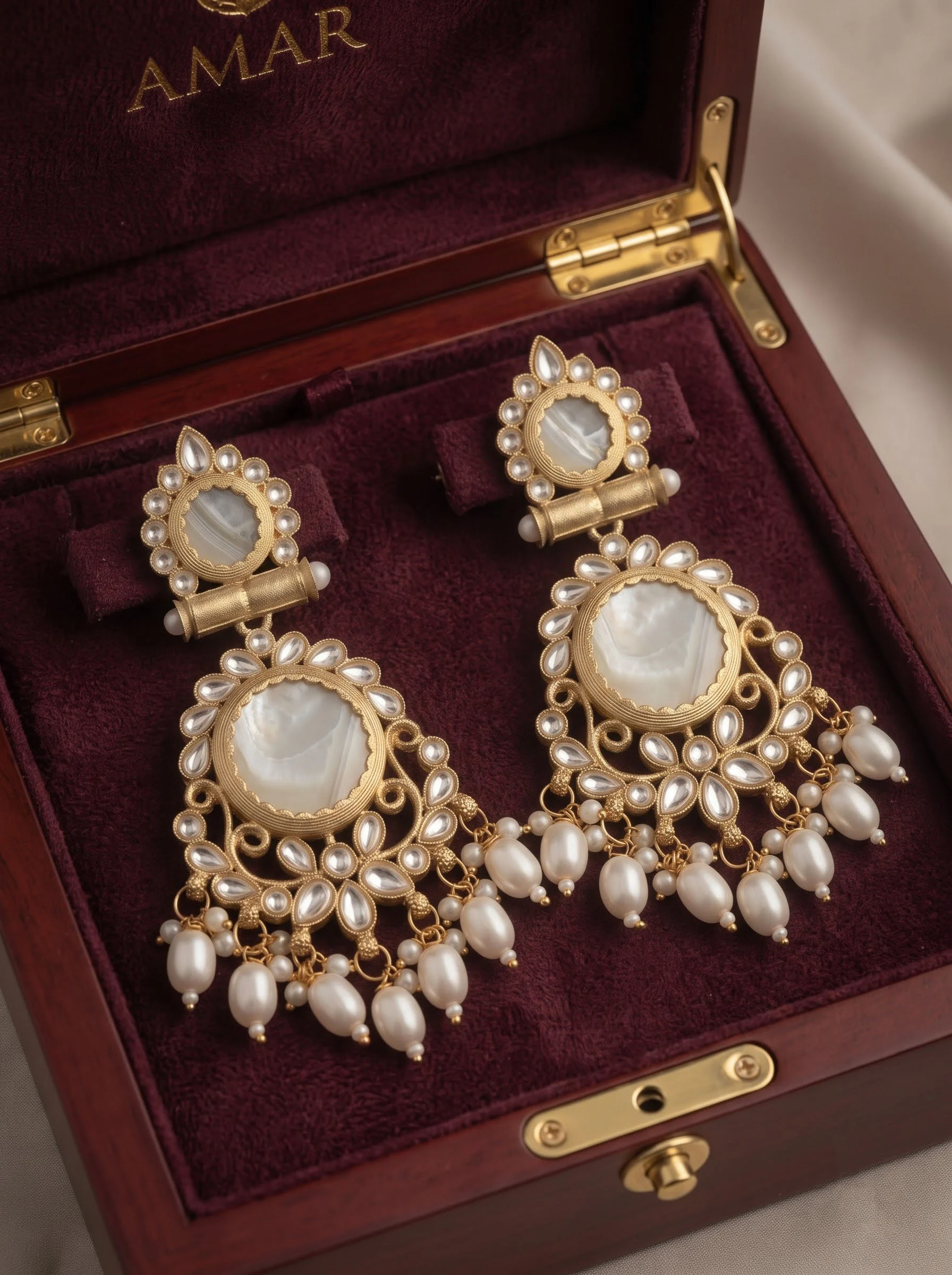 Pearl Kundan Drop Earrings - Image 3