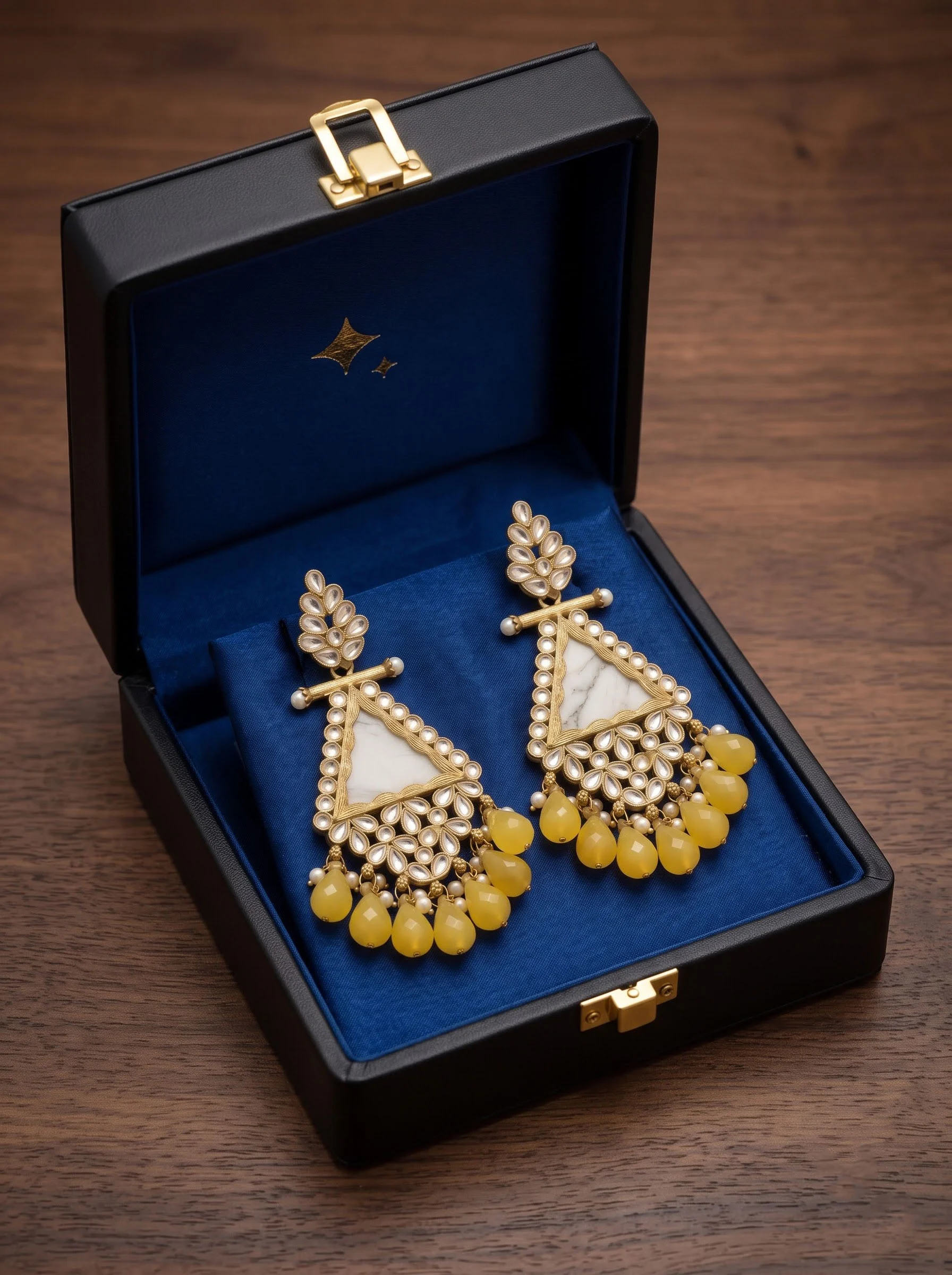 Yellow Beaded Traditional Kundan Earrings - Image 3