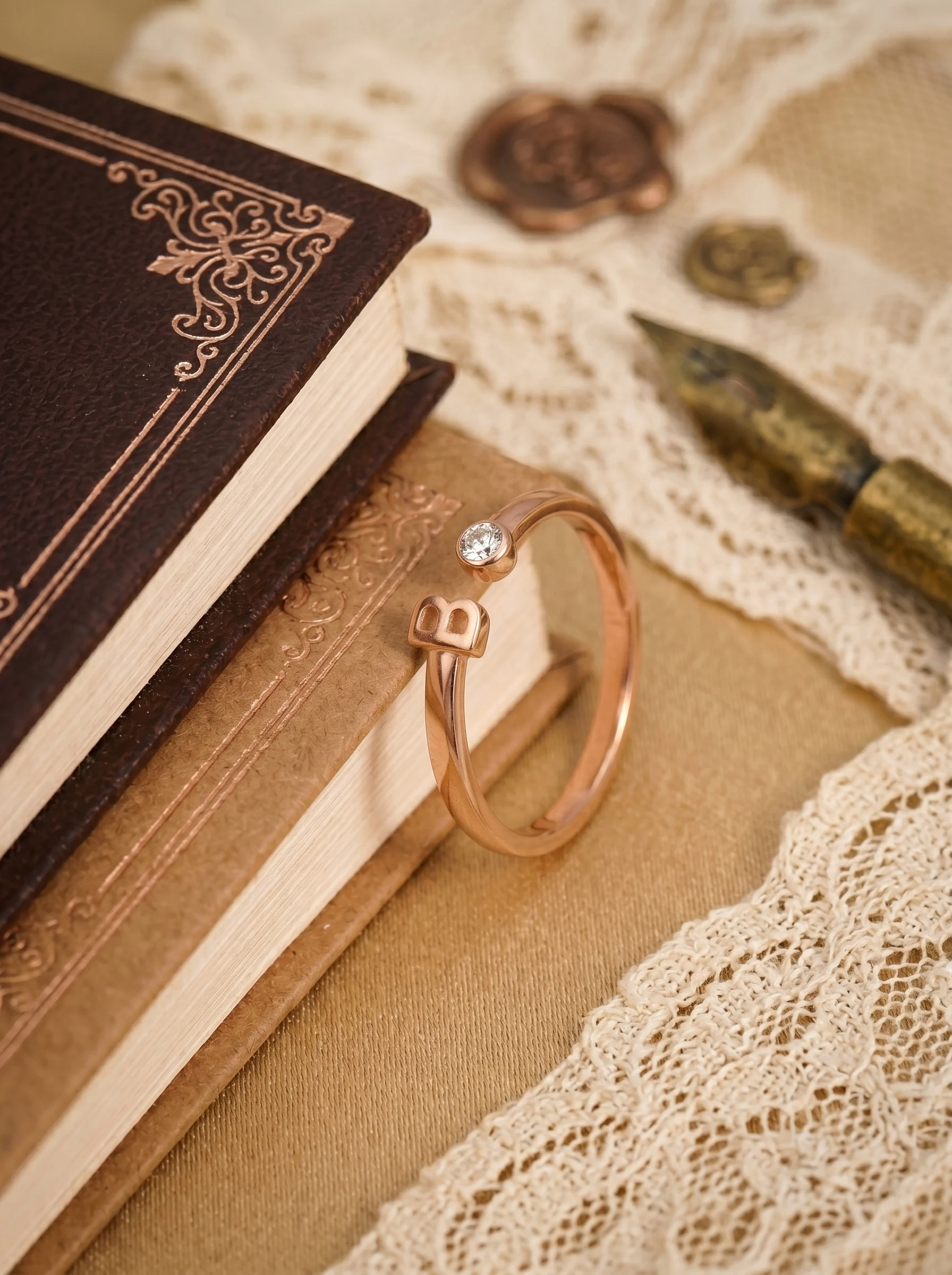 Rose Gold Initial B Ring - Image 5