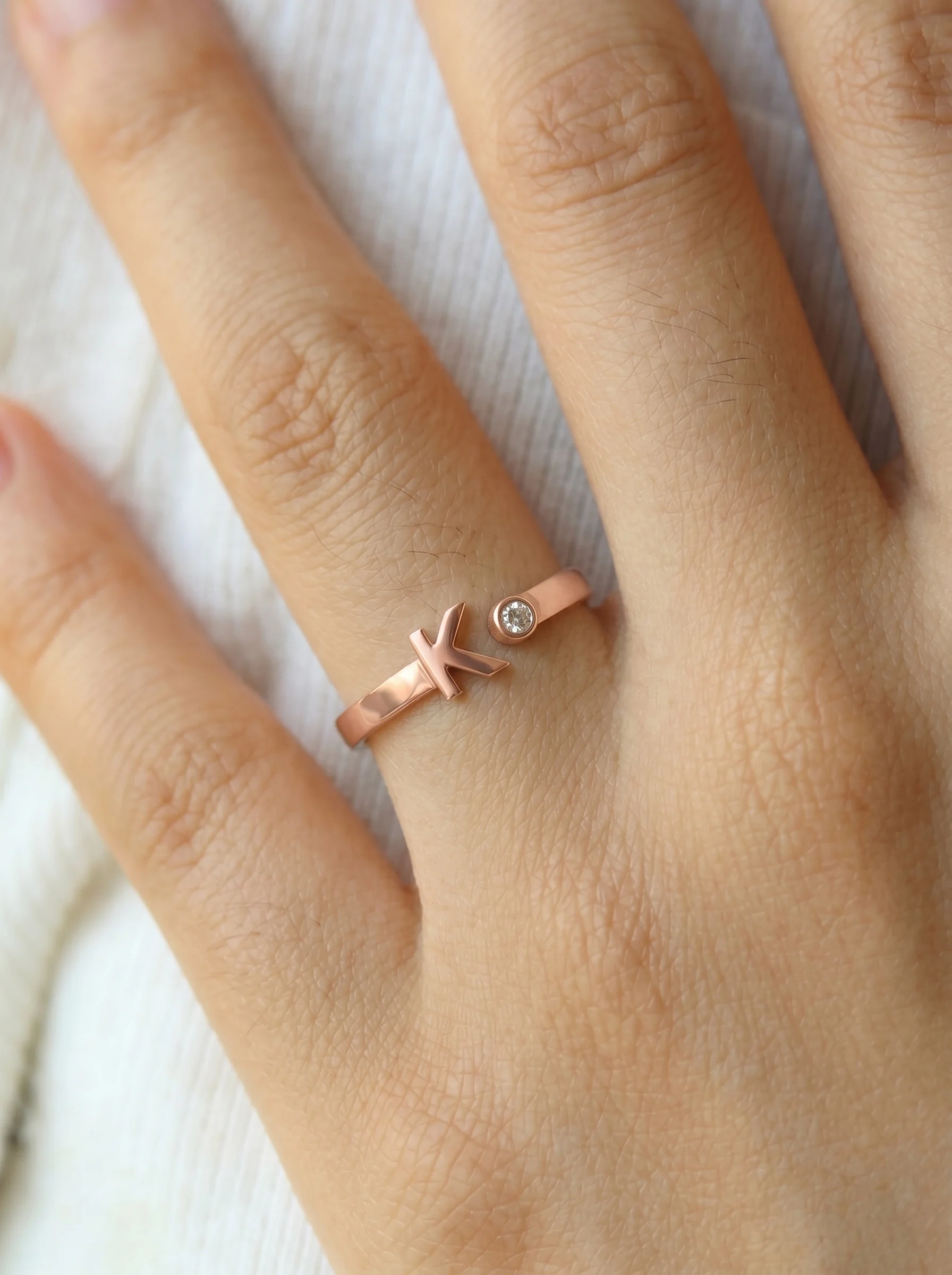 Rose Gold Initial K Ring - Image 5