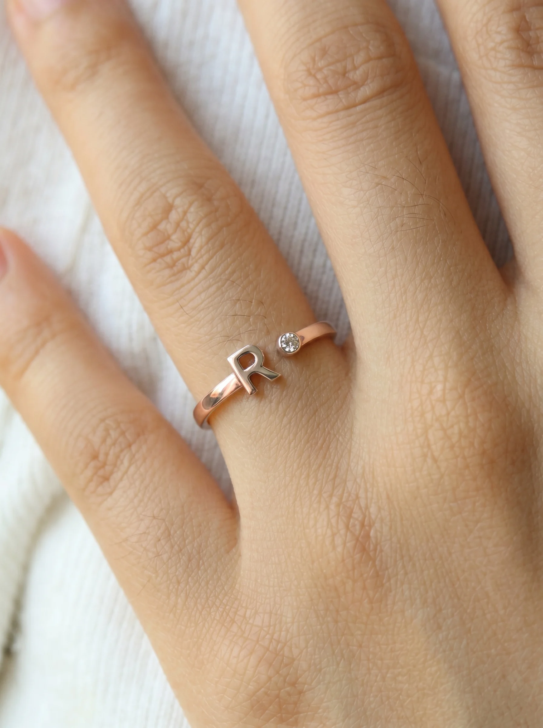 Rose Gold Initial R Ring - Image 3