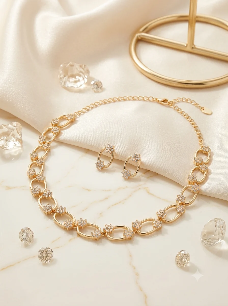 Crystal Oval Gold Necklace Set - Image 2