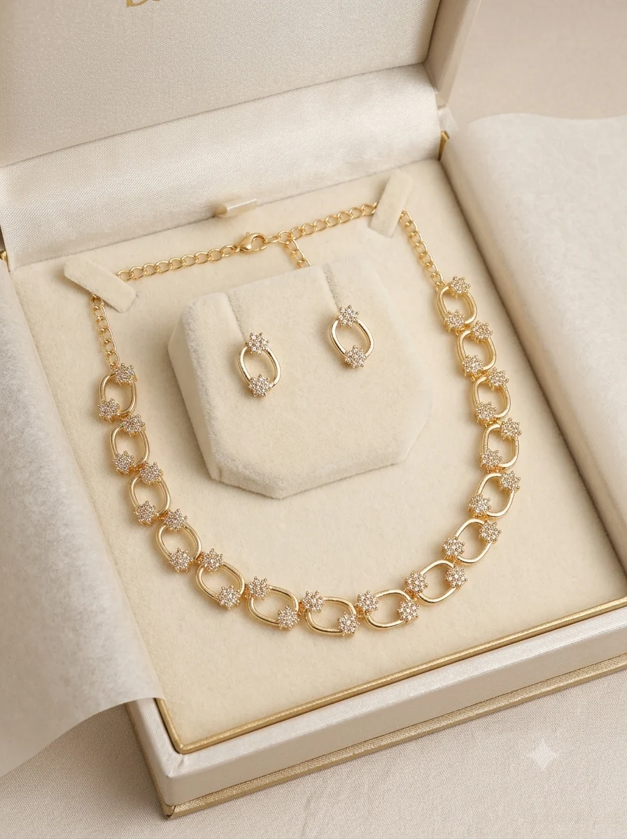 Crystal Oval Gold Necklace Set