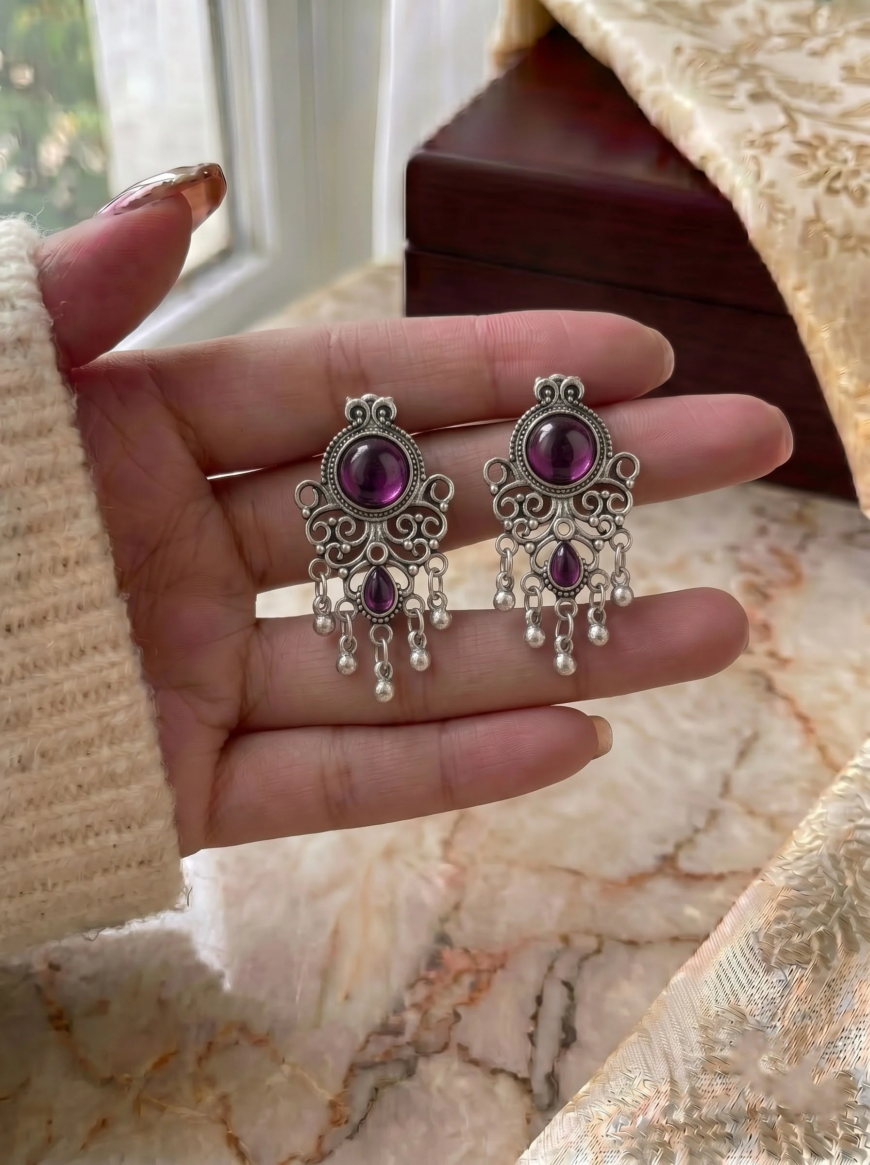 Purple Stone Oxidised Drop Earrings - Image 2