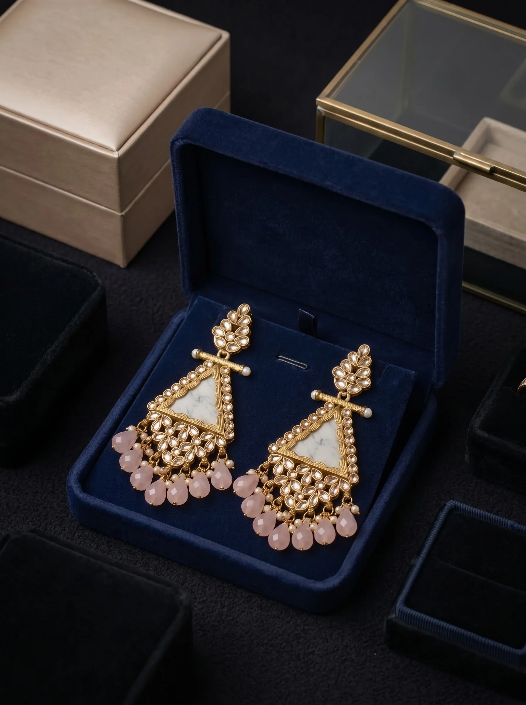 Pink Beaded Kundan Drop Earrings - Image 3