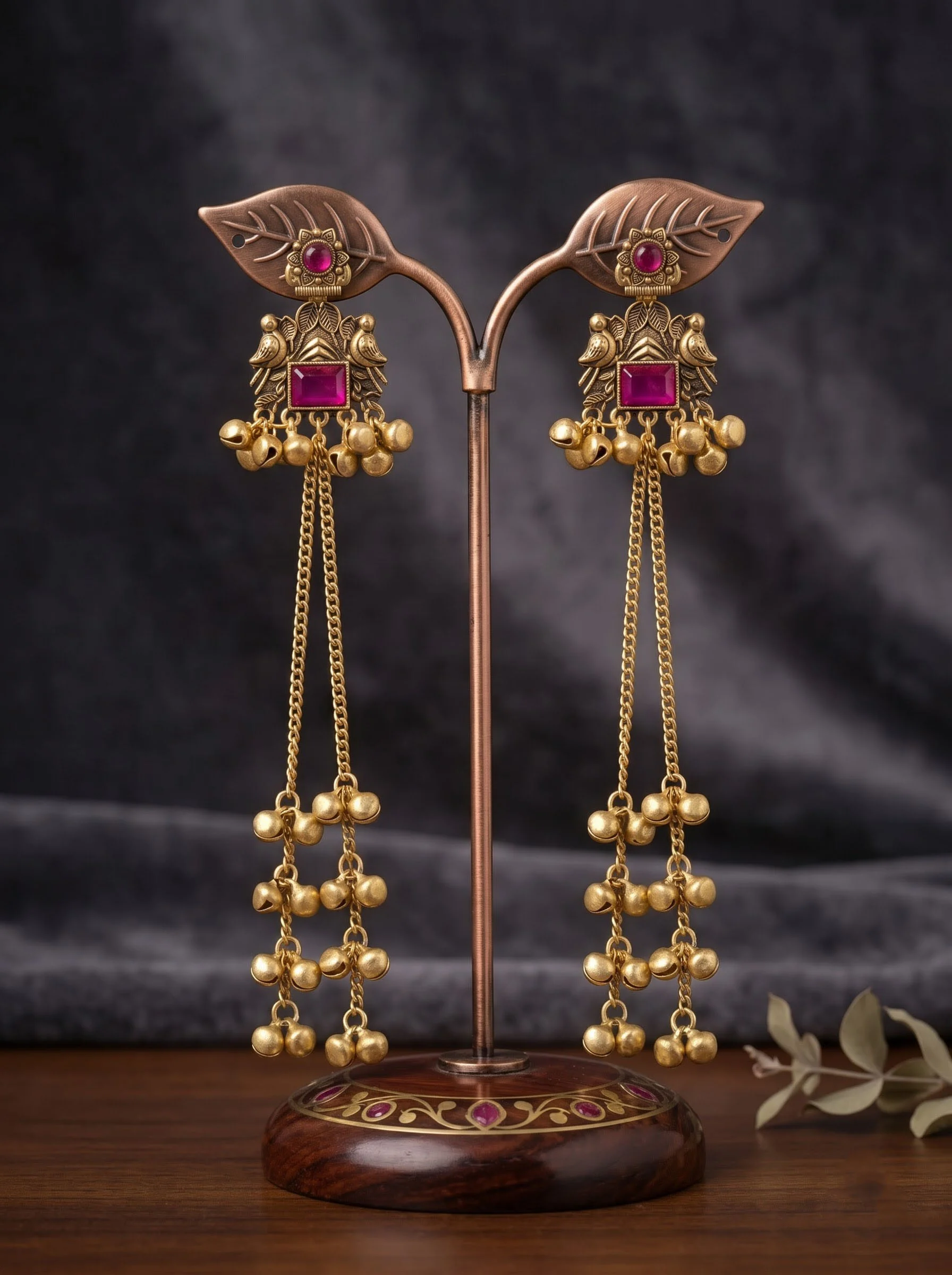Pink Stone Ghungroo Chain Earrings - Image 4