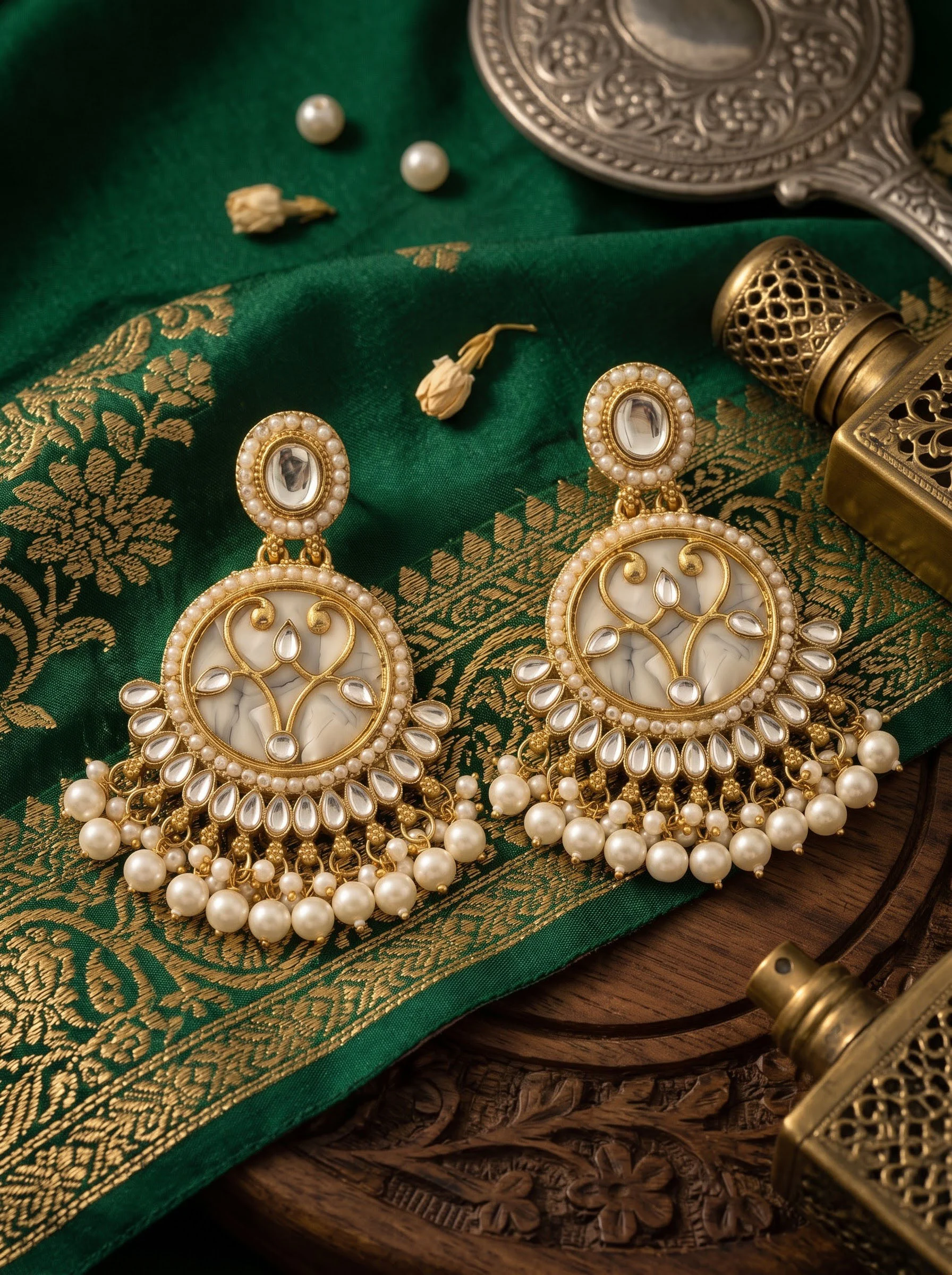 Yellow Stone Beaded Chandbali Earrings - Image 4