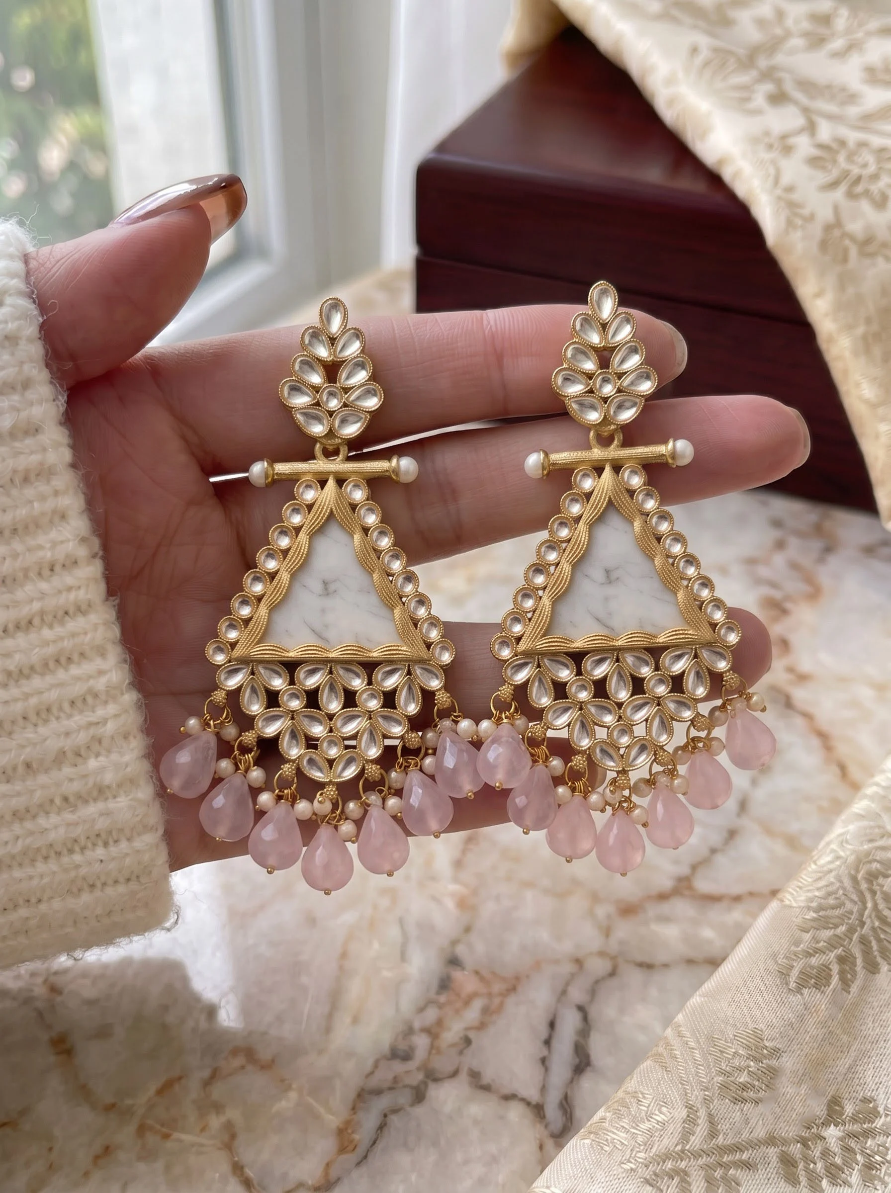 Pink Beaded Kundan Drop Earrings - Image 2