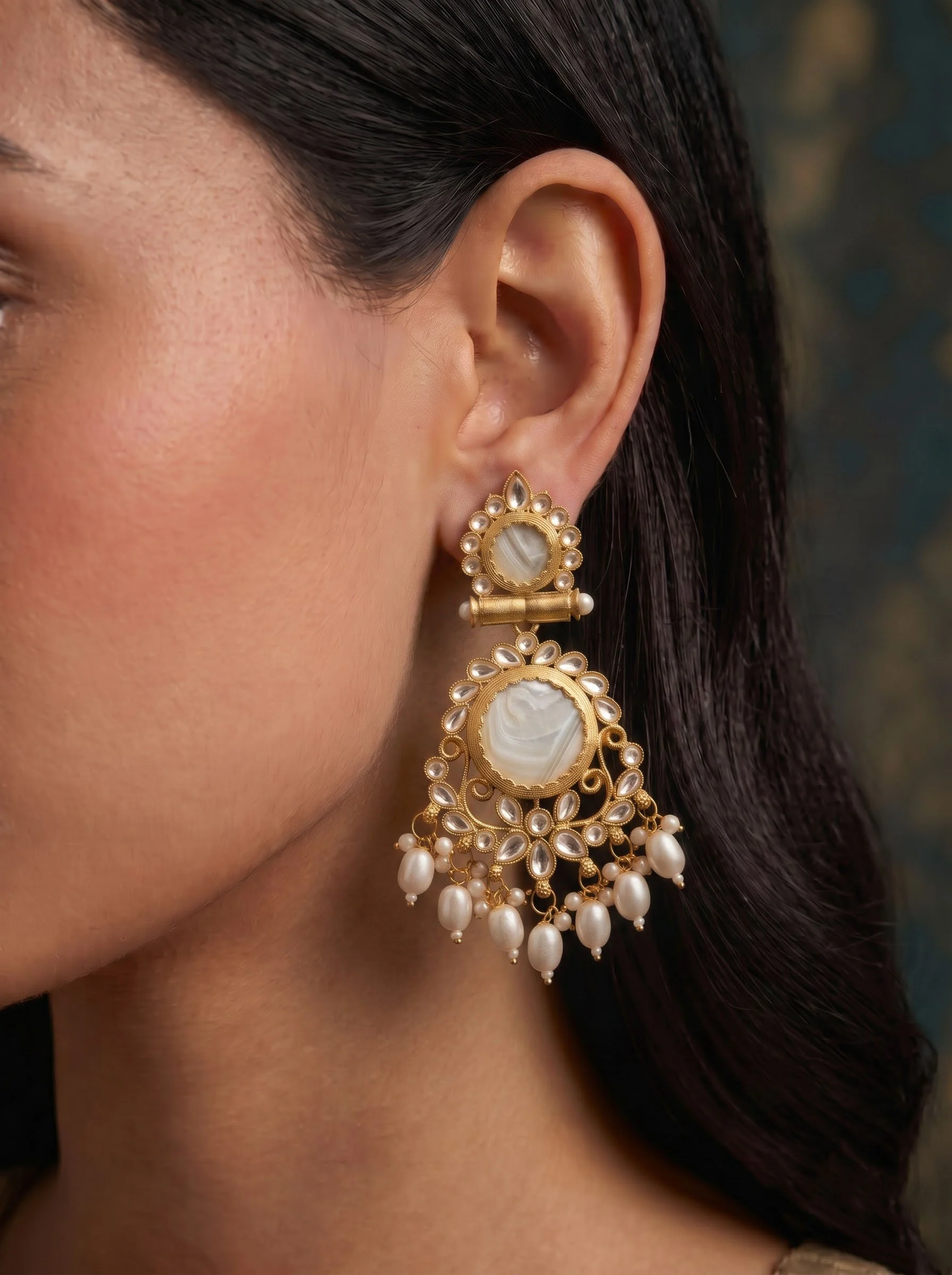 Pearl Kundan Drop Earrings - Image 2