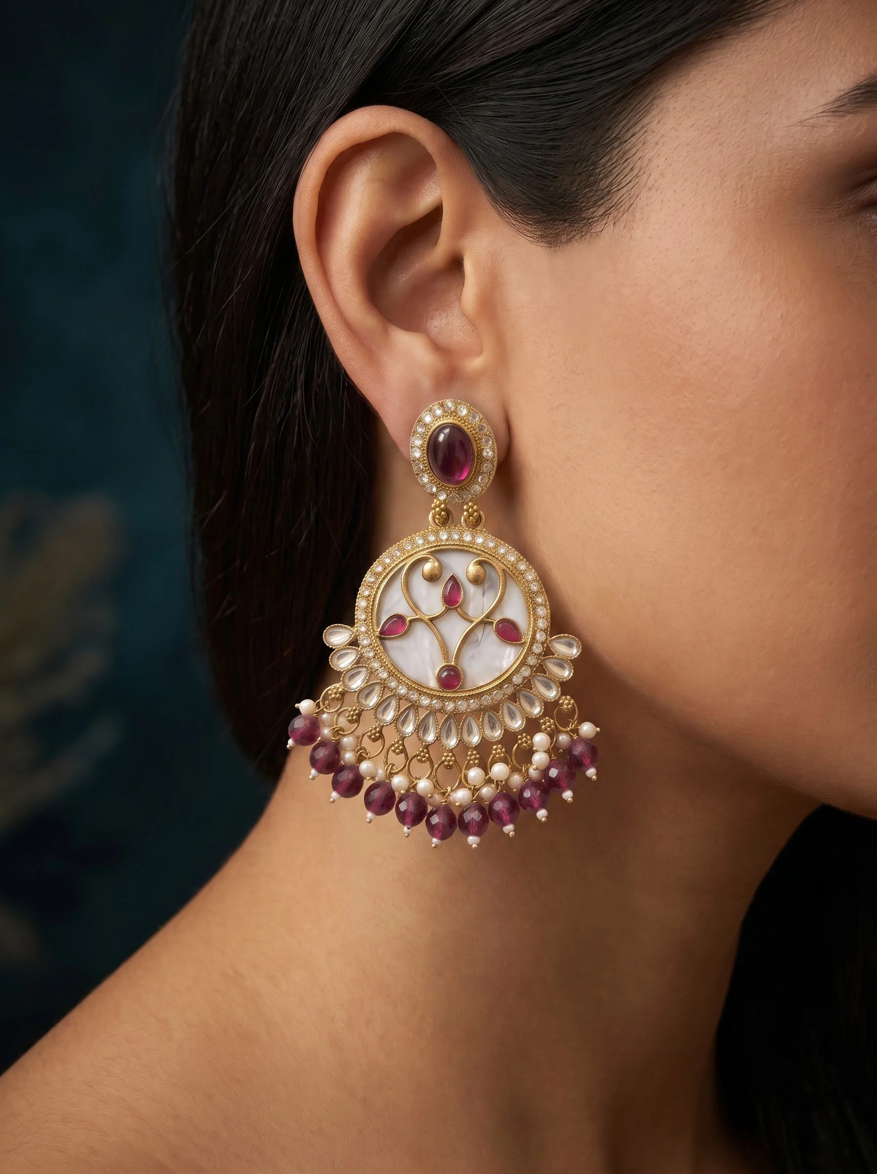 Ruby Beaded Chandbali Earrings - Image 3