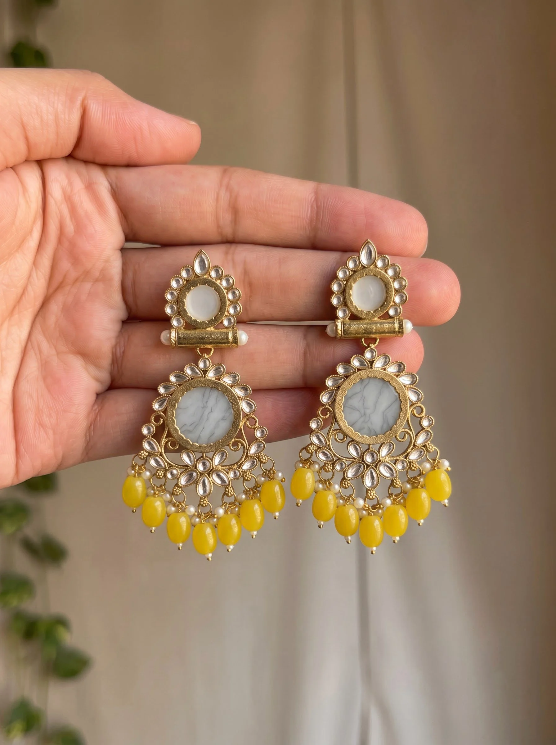 Yellow Beaded Kundan Drop Earrings - Image 2