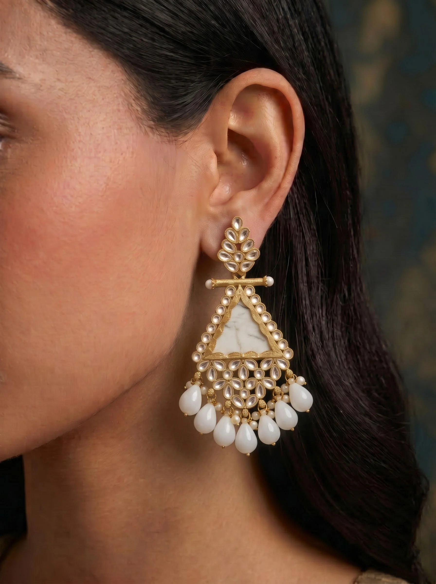 White Beaded Kundan Drop Earrings - Image 2