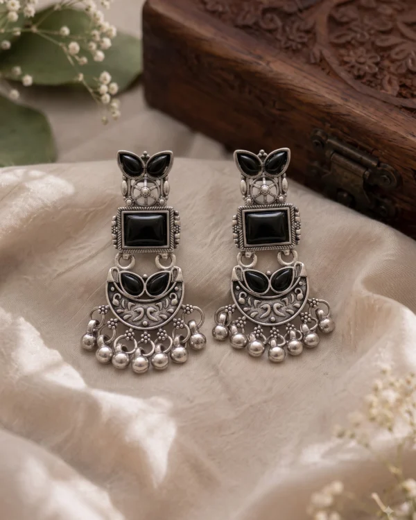 Black Stone Oxidised Chandbali Earrings
