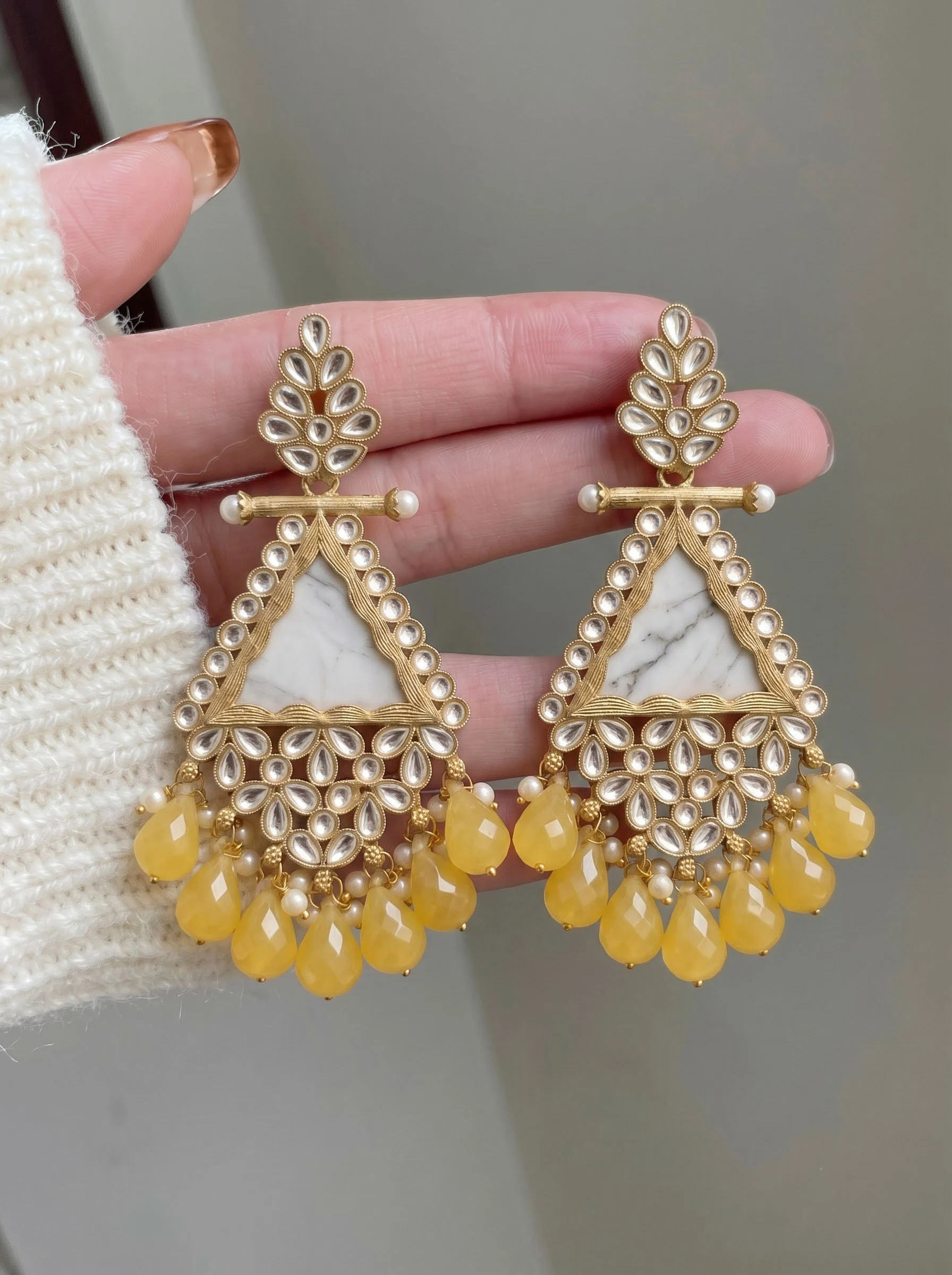 Yellow Beaded Traditional Kundan Earrings - Image 2