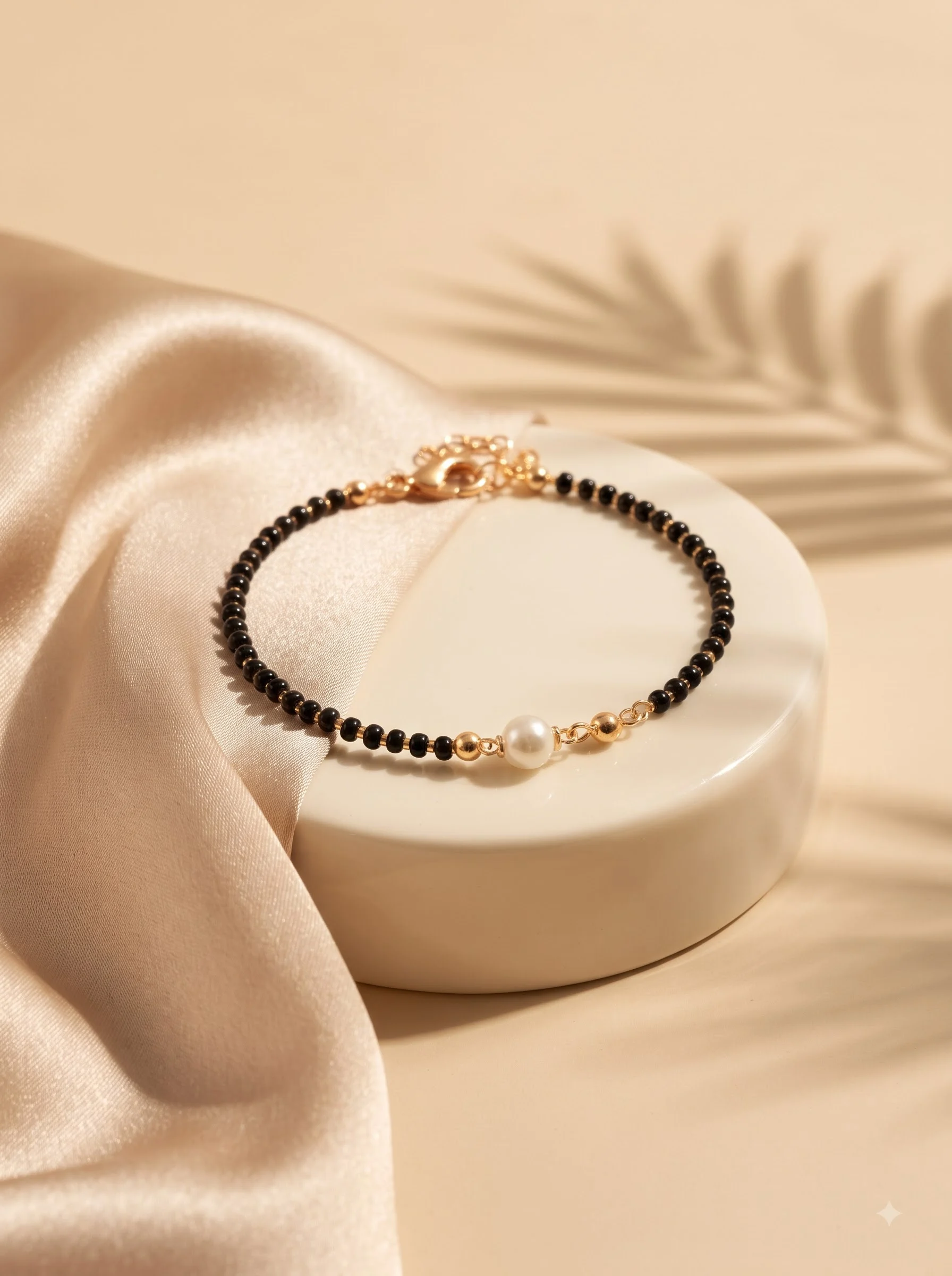 Black Beaded Pearl Charm Bracelet