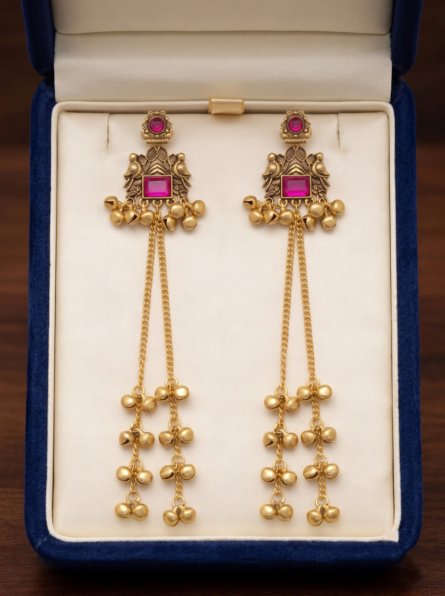 Pink Stone Ghungroo Chain Earrings - Image 5