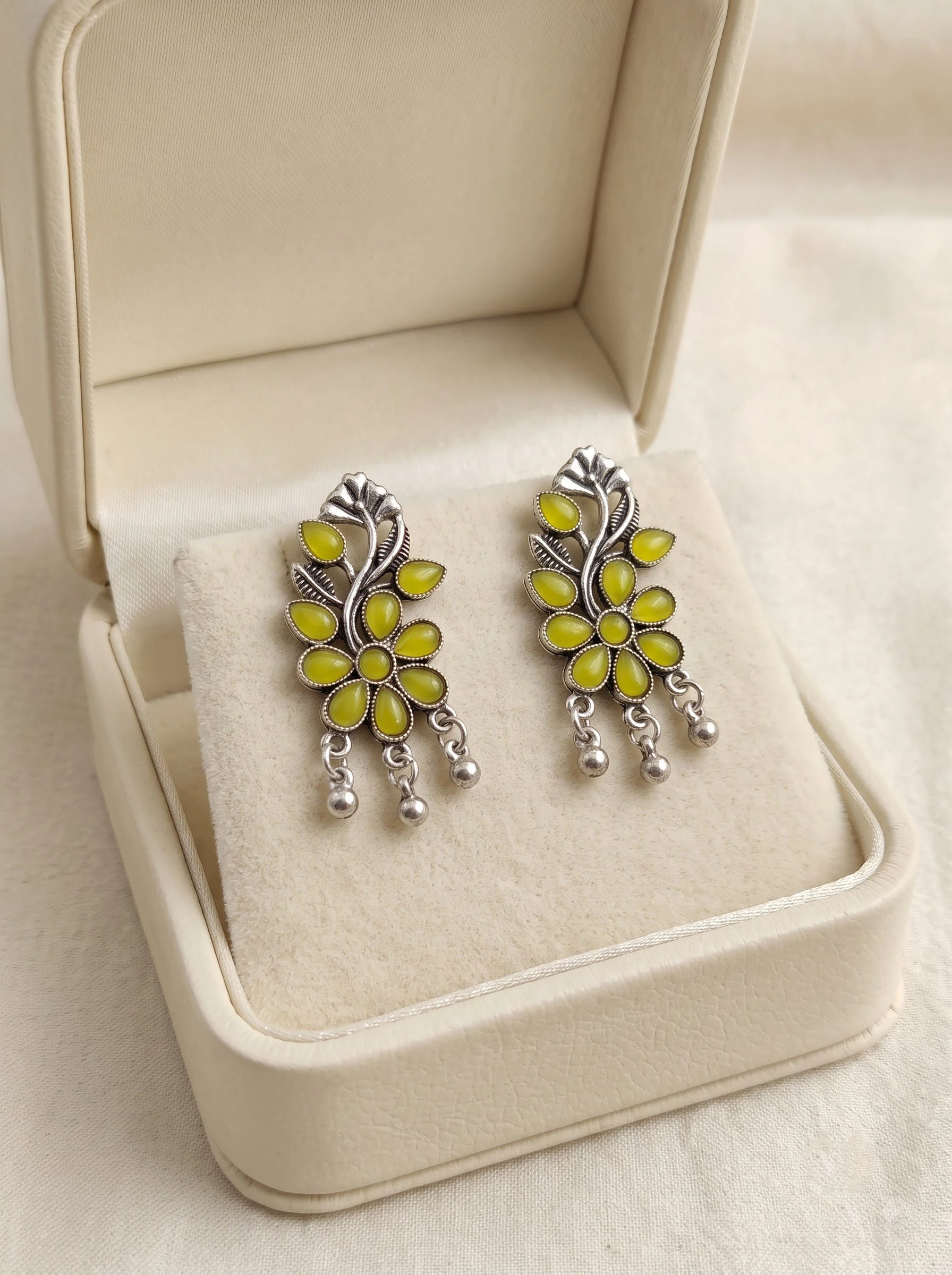 Yellow Floral Oxidised Drop Earrings