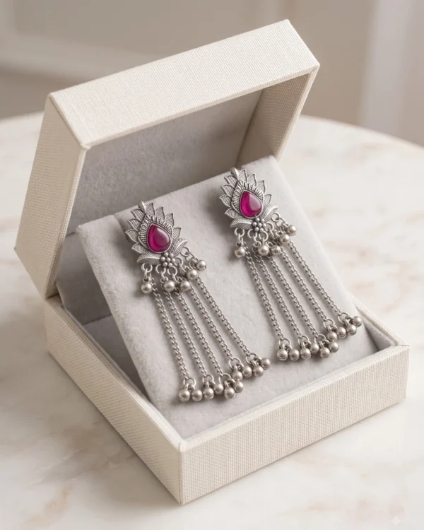Pink Stone Silver Tassel Earrings