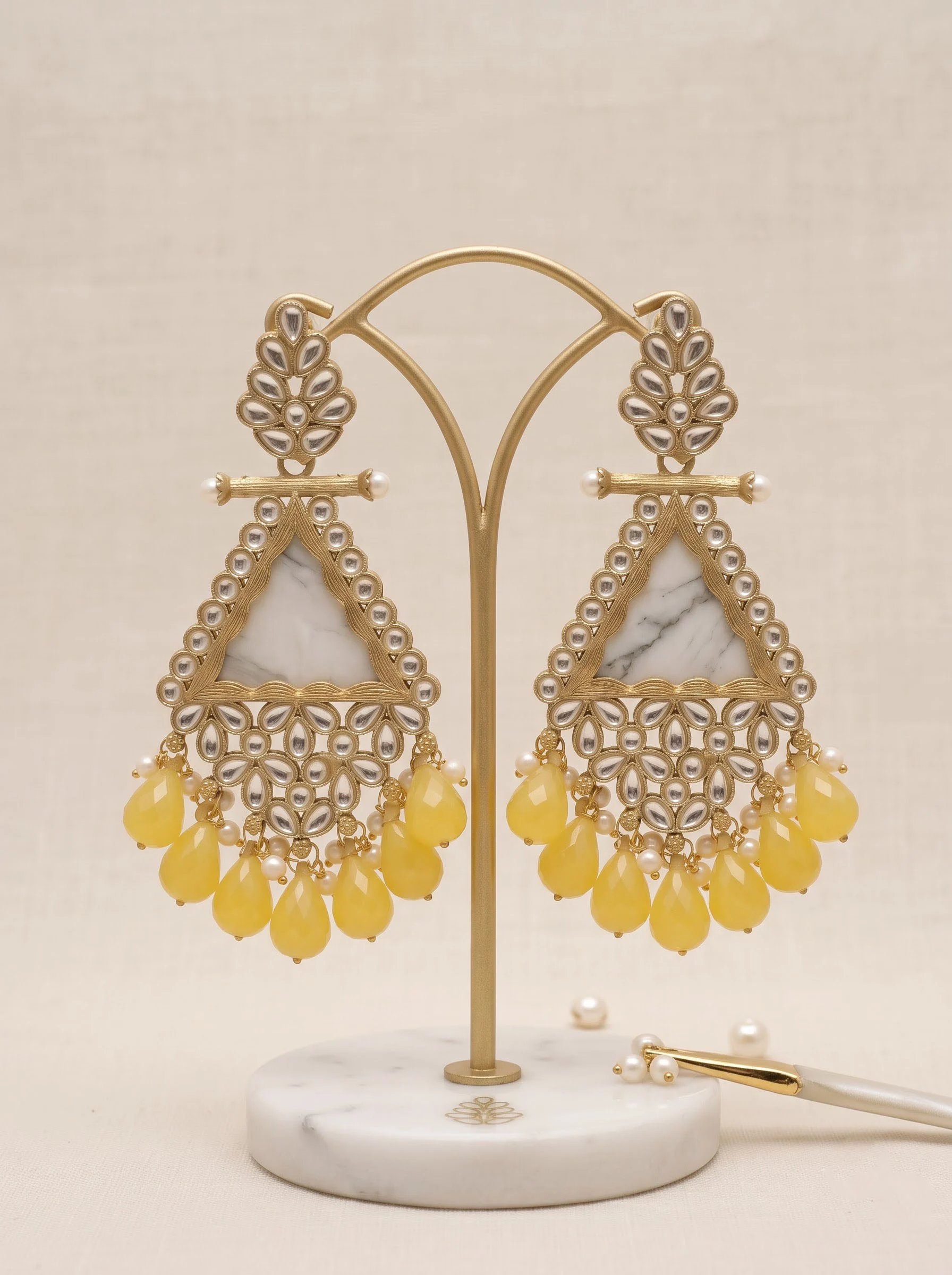 Yellow Beaded Traditional Kundan Earrings