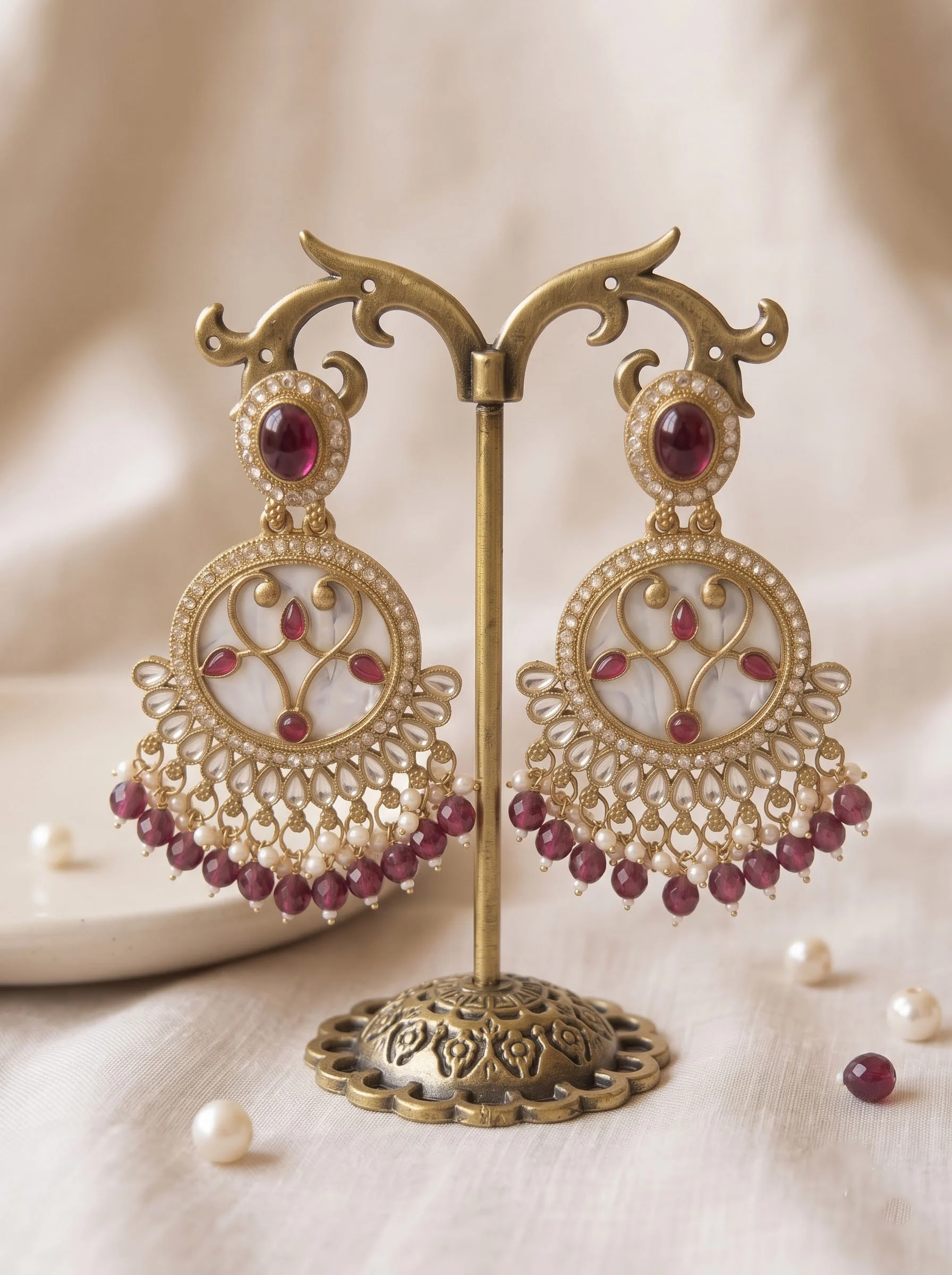 Ruby Beaded Chandbali Earrings - Image 2