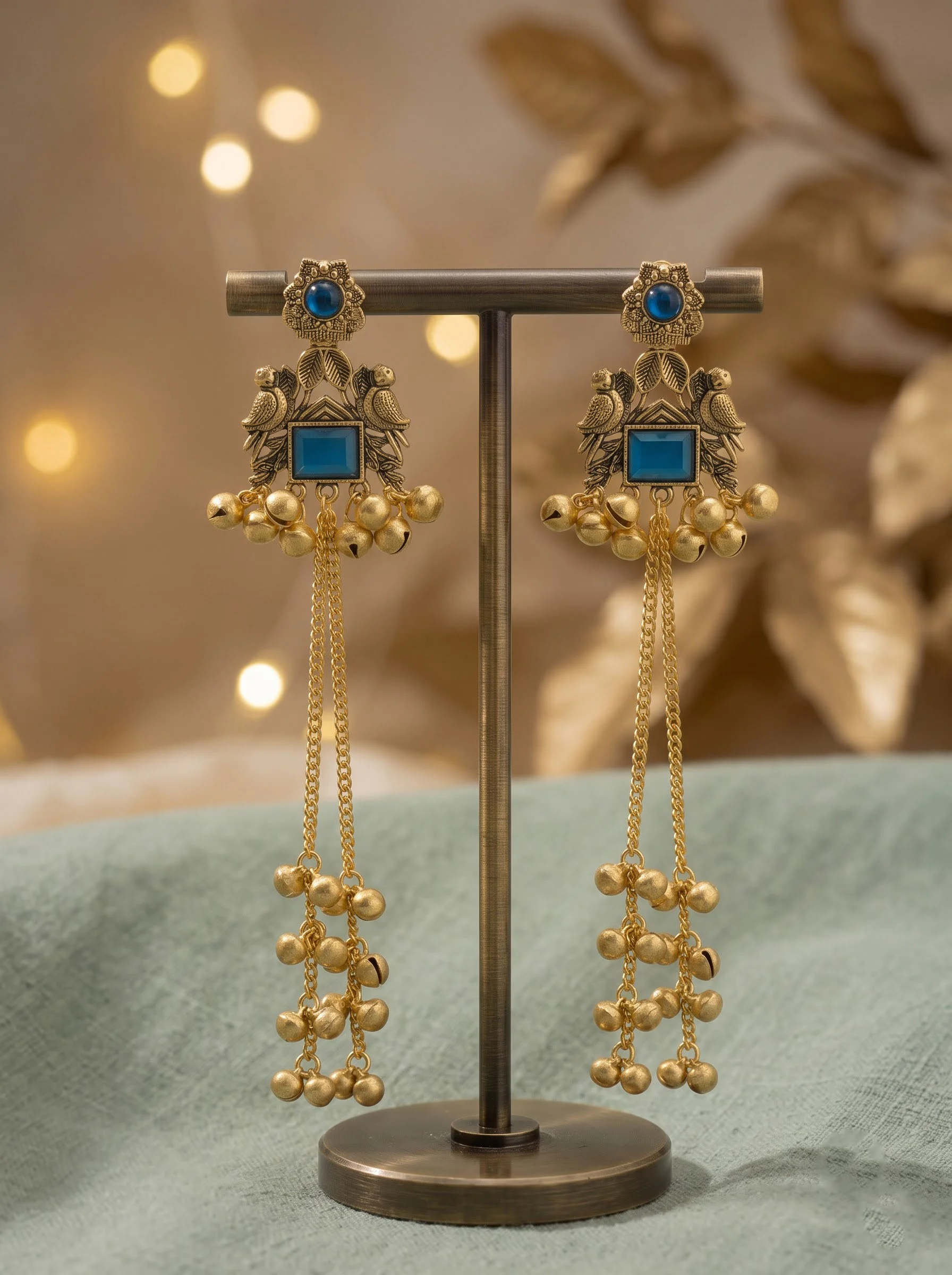Blue Stone Ghungroo Chain Earrings - Image 4