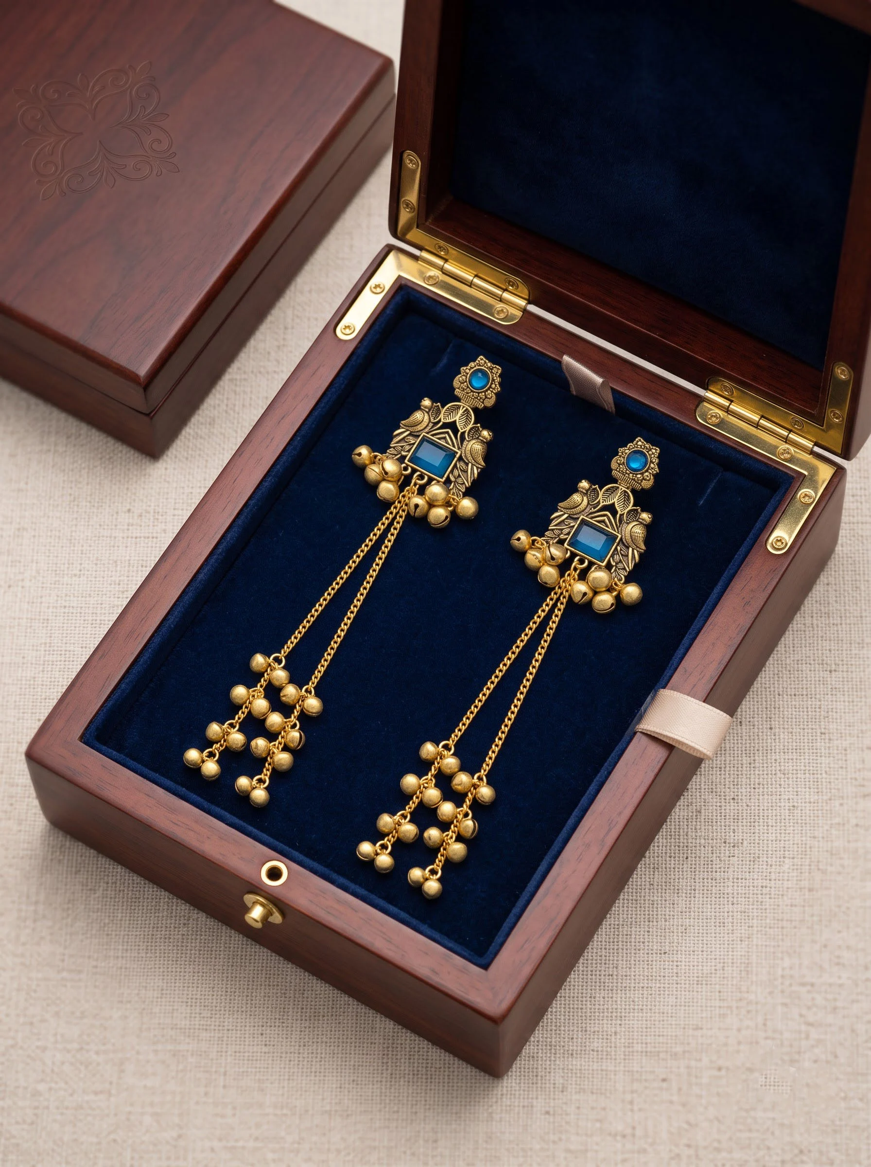 Blue Stone Ghungroo Chain Earrings - Image 3