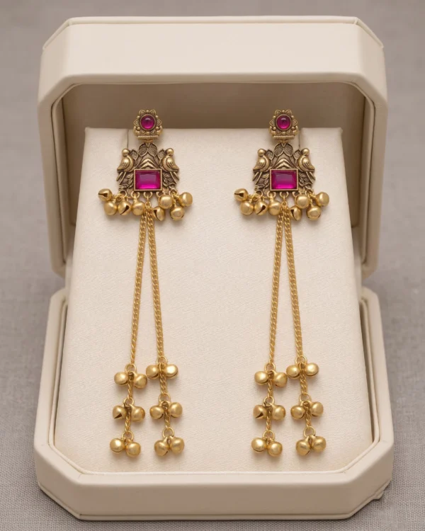 Pink Stone Ghungroo Chain Earrings
